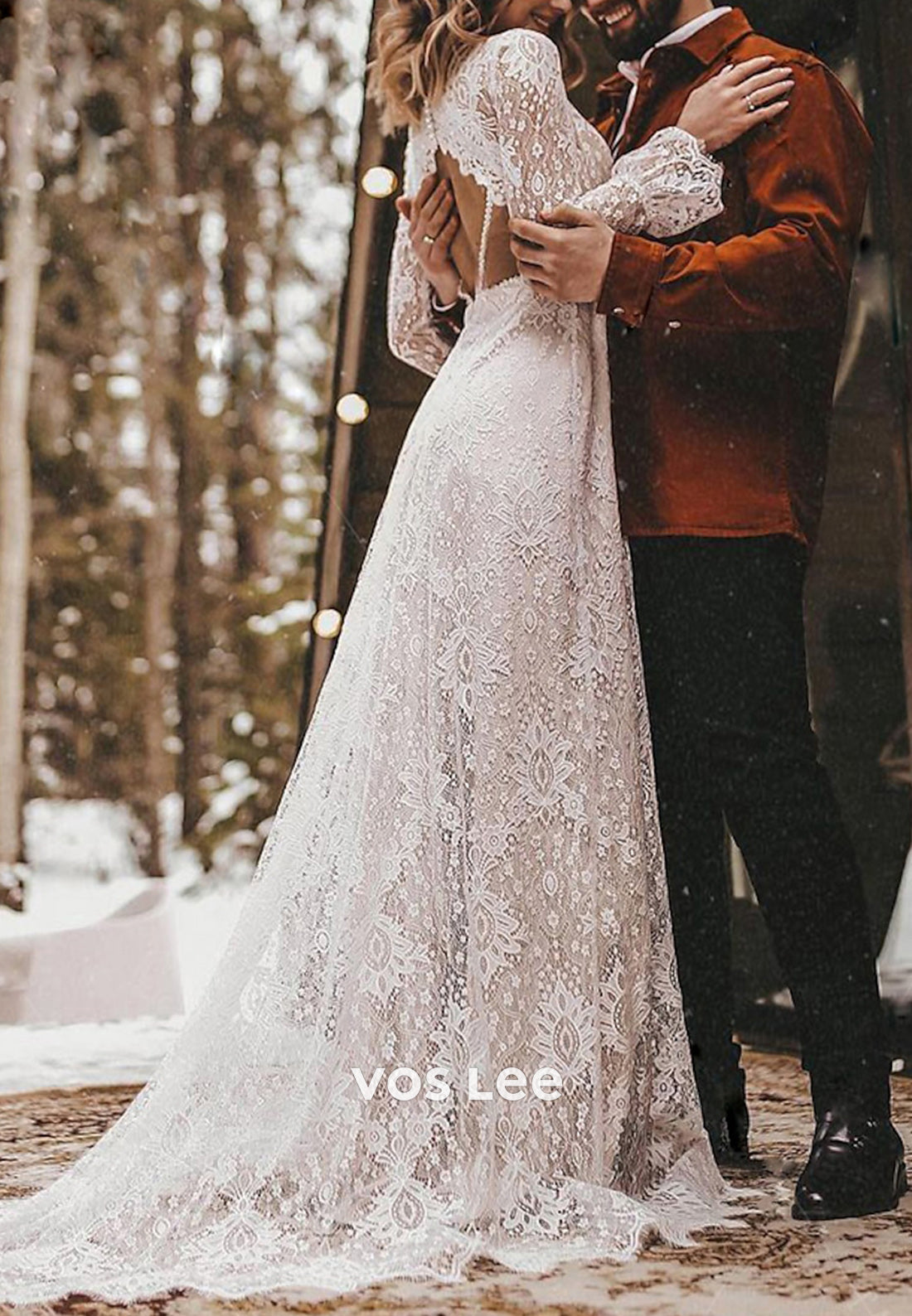 Long Sleeve V Neck Appliques Lace Beach Sheath Wedding Dresses with Sweep Train