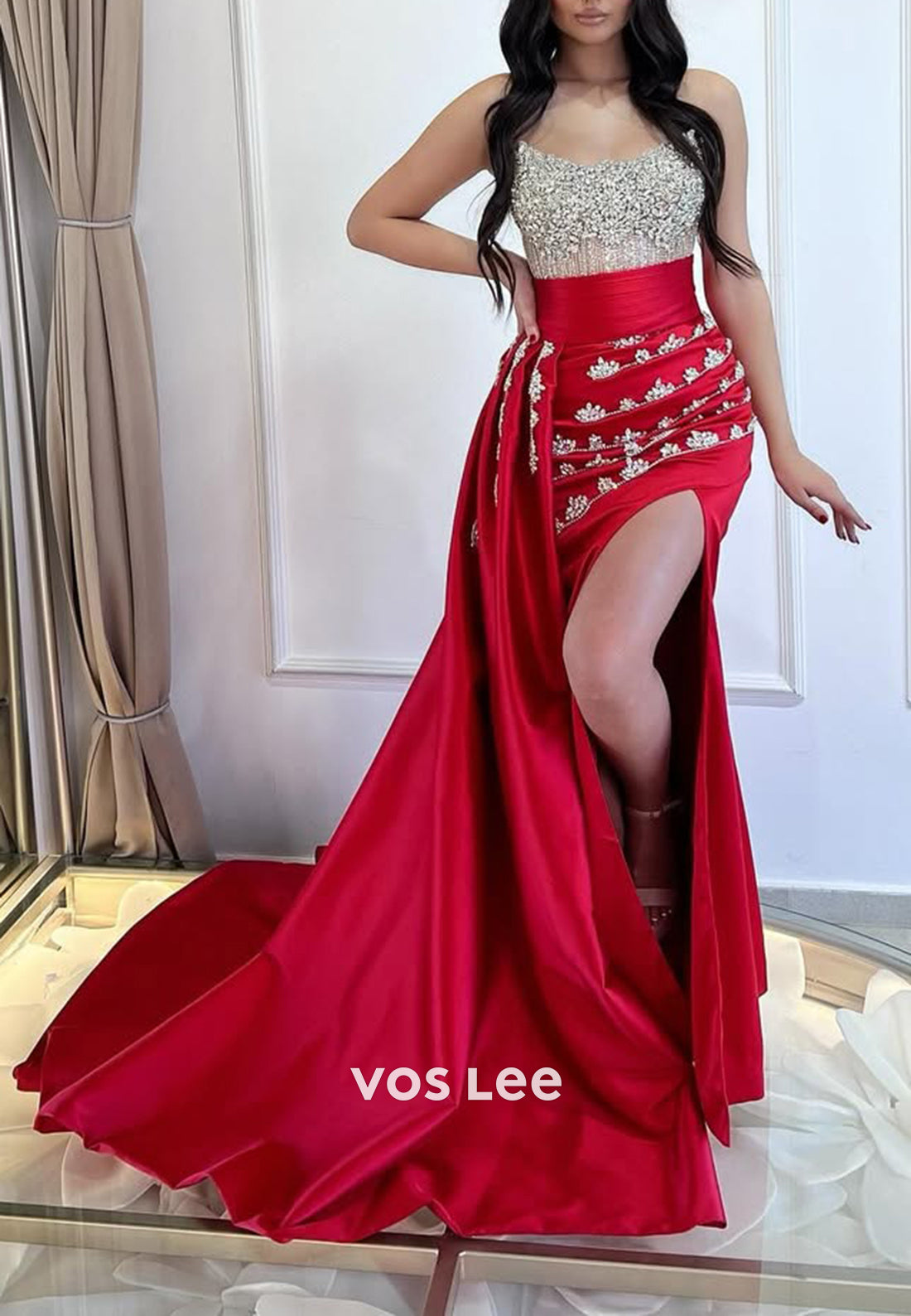 Sparkling Strapless Rhinestone Mermaid Evening Dresses with Detachable Sweep Train