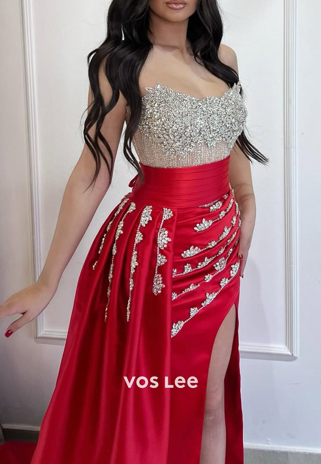Sparkling Strapless Rhinestone Mermaid Evening Dresses with Detachable Sweep Train