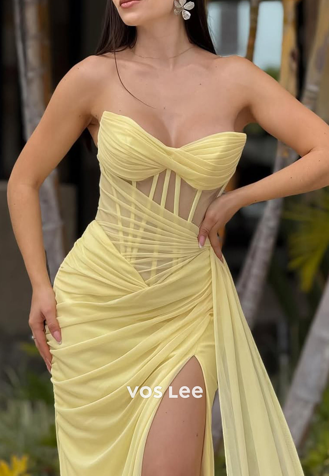Illusion & Sheer Strapless Sweetheart Pleated Mermaid Evening Dresses with Sweep Train