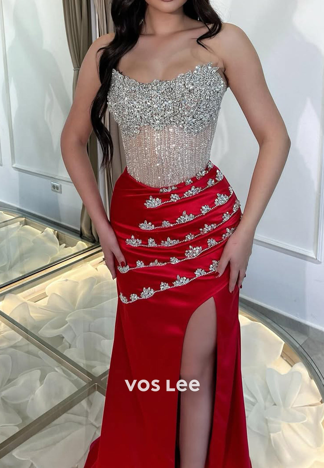 Sparkling Strapless Rhinestone Mermaid Evening Dresses with Detachable Sweep Train