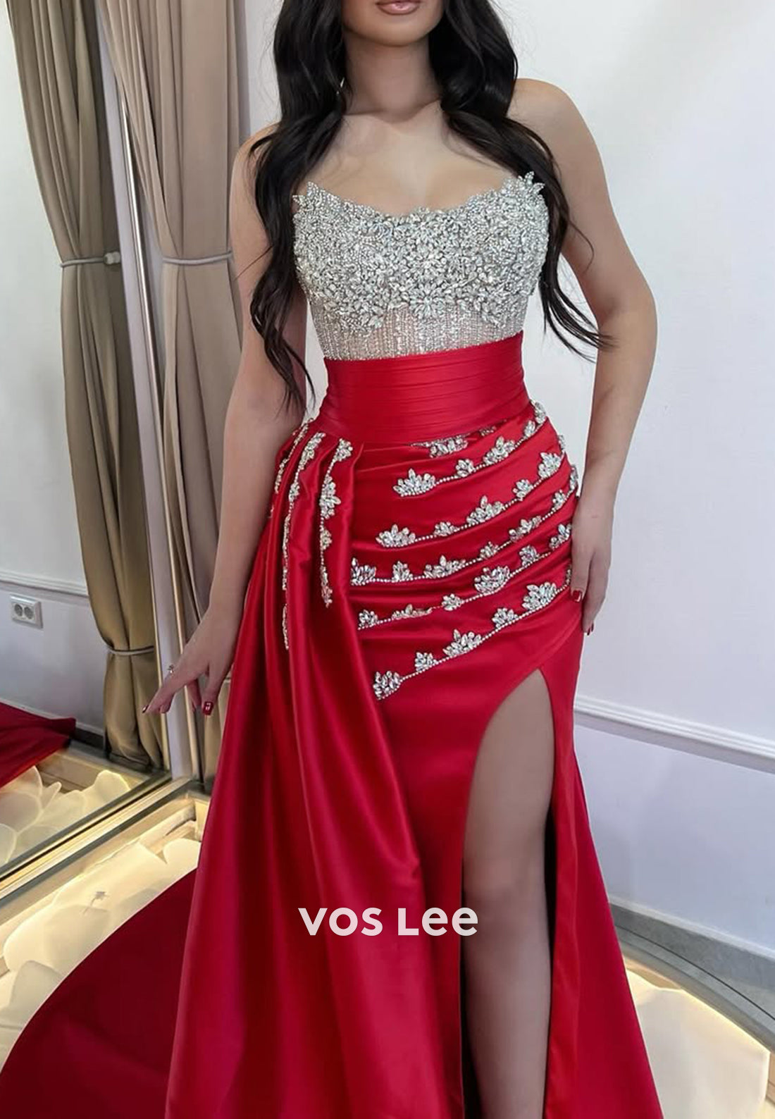 Sparkling Strapless Rhinestone Mermaid Evening Dresses with Detachable Sweep Train