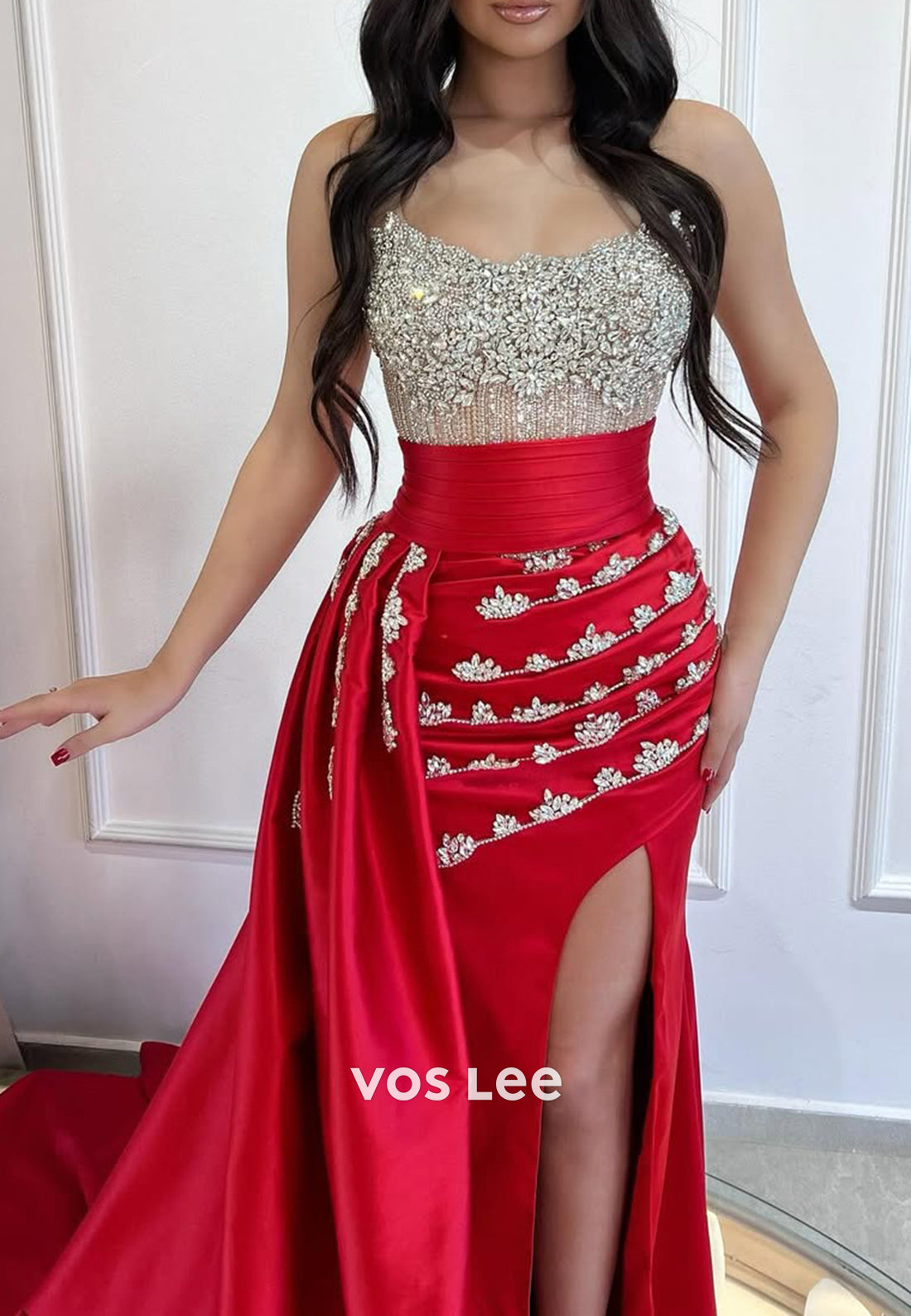 Sparkling Strapless Rhinestone Mermaid Evening Dresses with Detachable Sweep Train