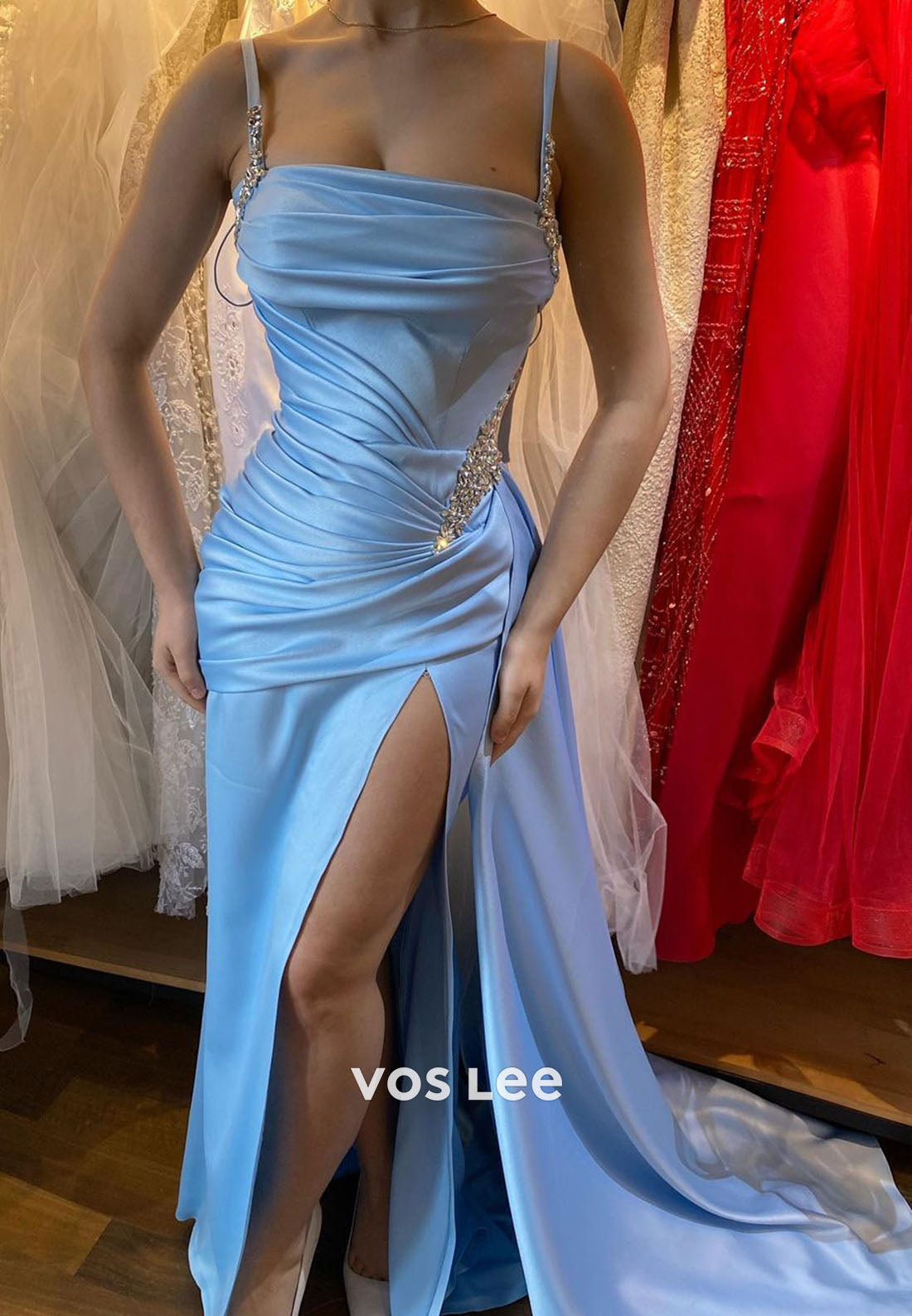 Charming Blue Pleat Prom Dress Crystals Long Dresses Party Gown