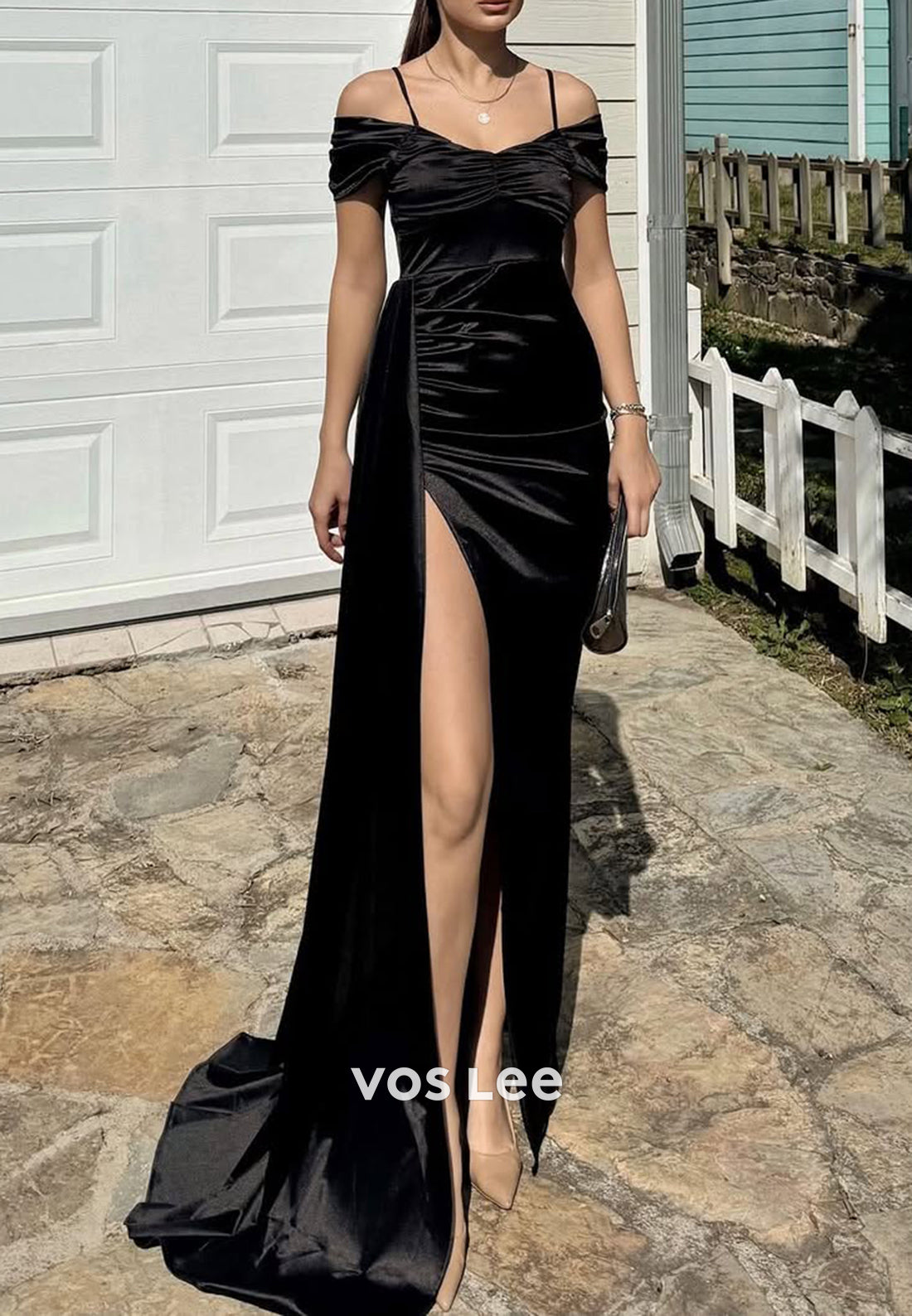 Spaghetti Straps Off the Shoulder Pleated Mermaid Evening Dresses with Sweep Train