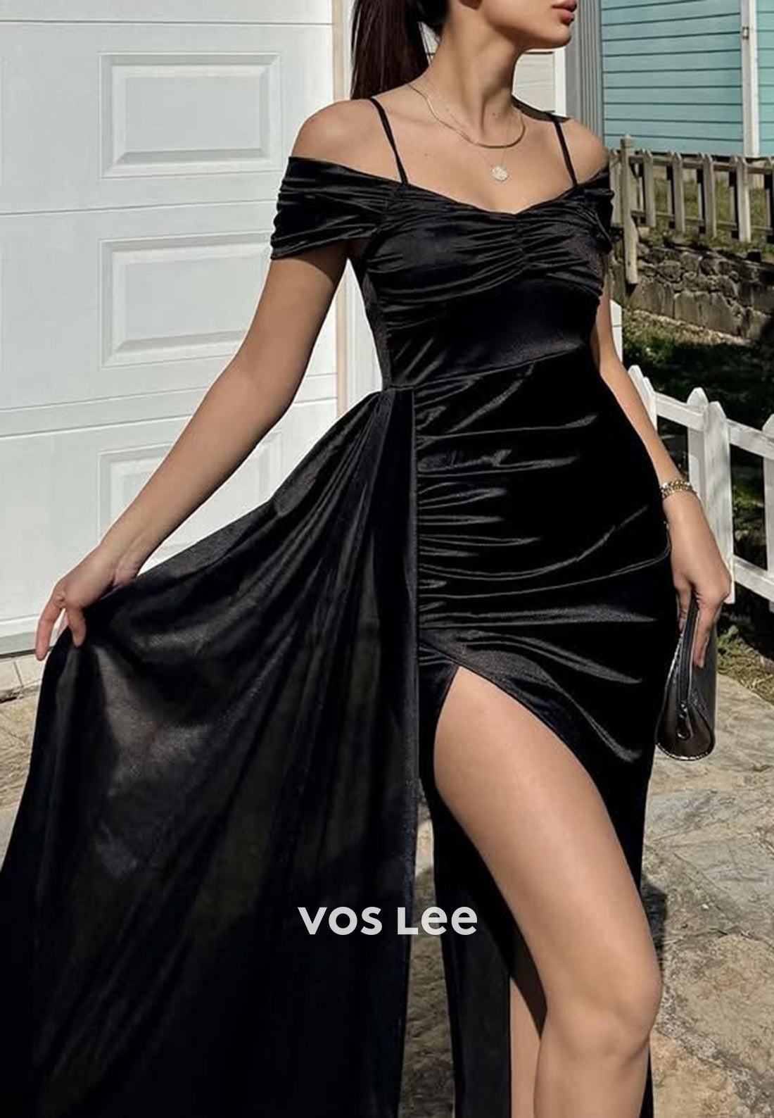 Spaghetti Straps Off the Shoulder Pleated Mermaid Evening Dresses with Sweep Train