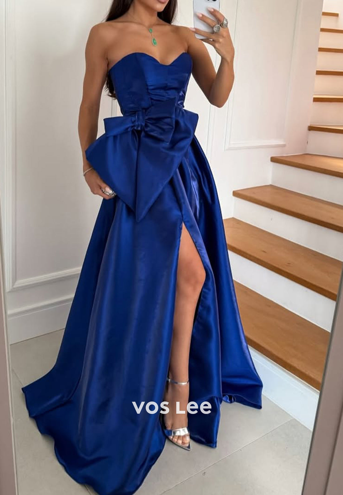 A-Line Strapless Sweetheart Bowknot Pleated Evening Dresses with High Split