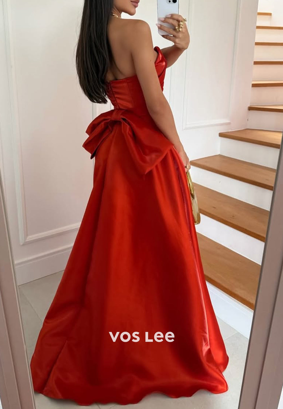 A-Line Strapless Bowknot Pleated Evening Dresses Prom Dresses with Court Train