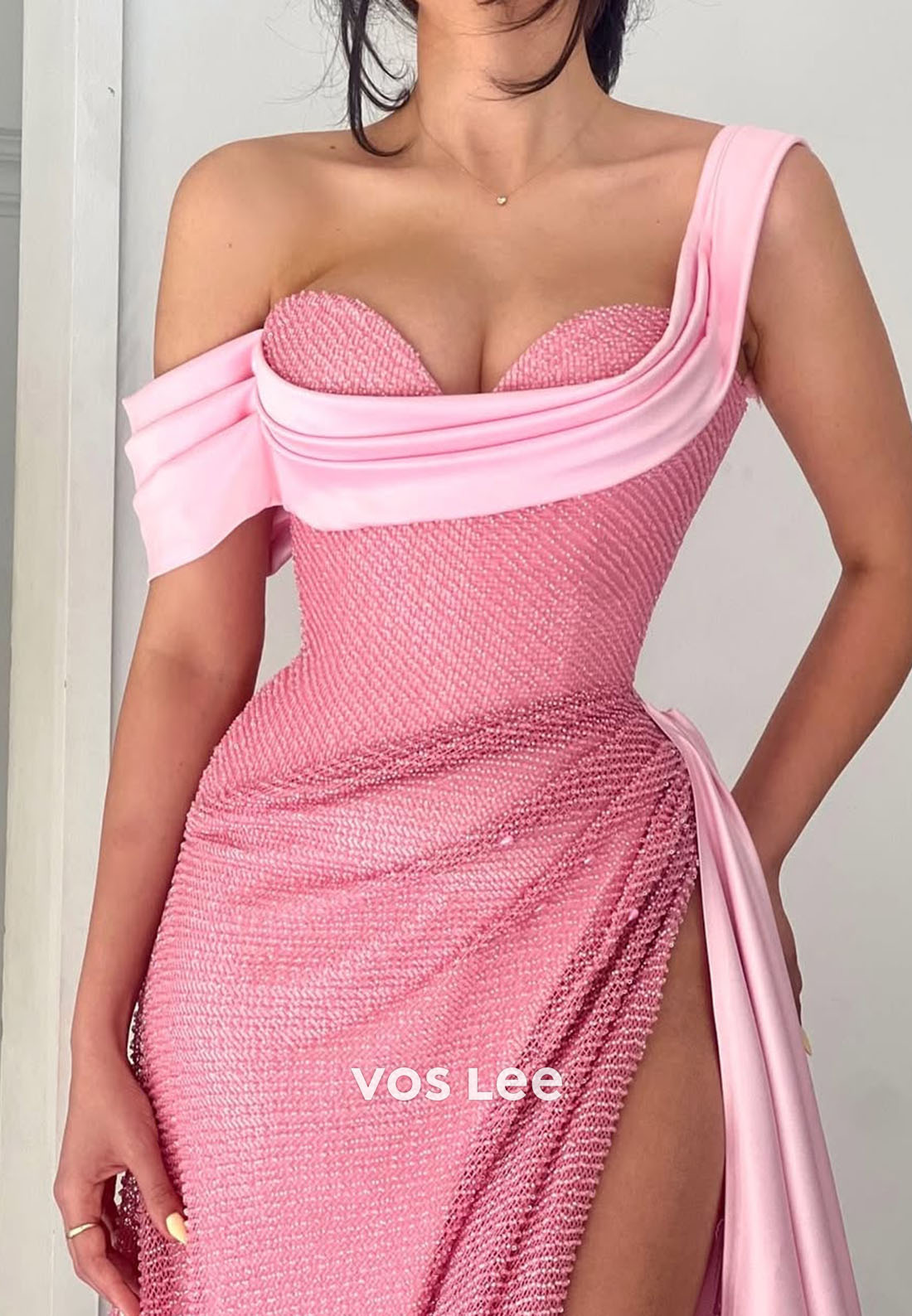 Glitter Sexy Crystals Prom Dress Sweetheart Pleat Slit Long Party Dress