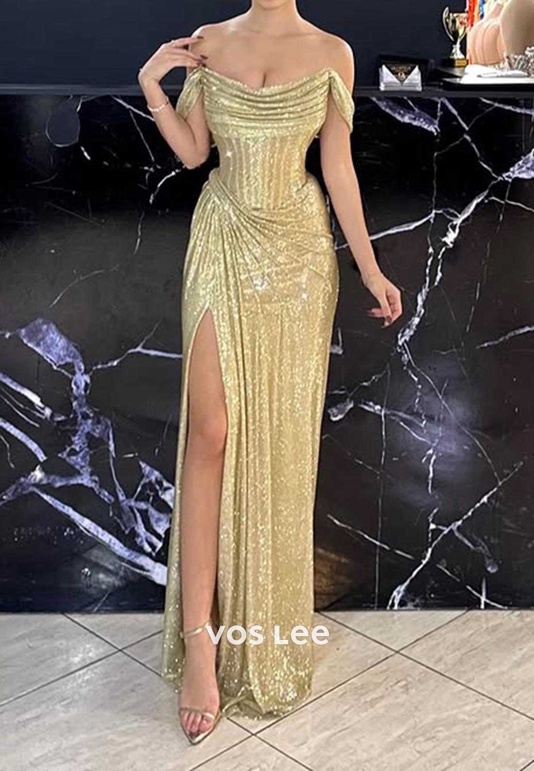 Gold Off-Shoulder Draped Sexy Evening Formal Dresses with High Slit VOS LEE Gold Off-Shoulder Draped Sexy Evening Formal Dresses with High Slit VOS LEE
