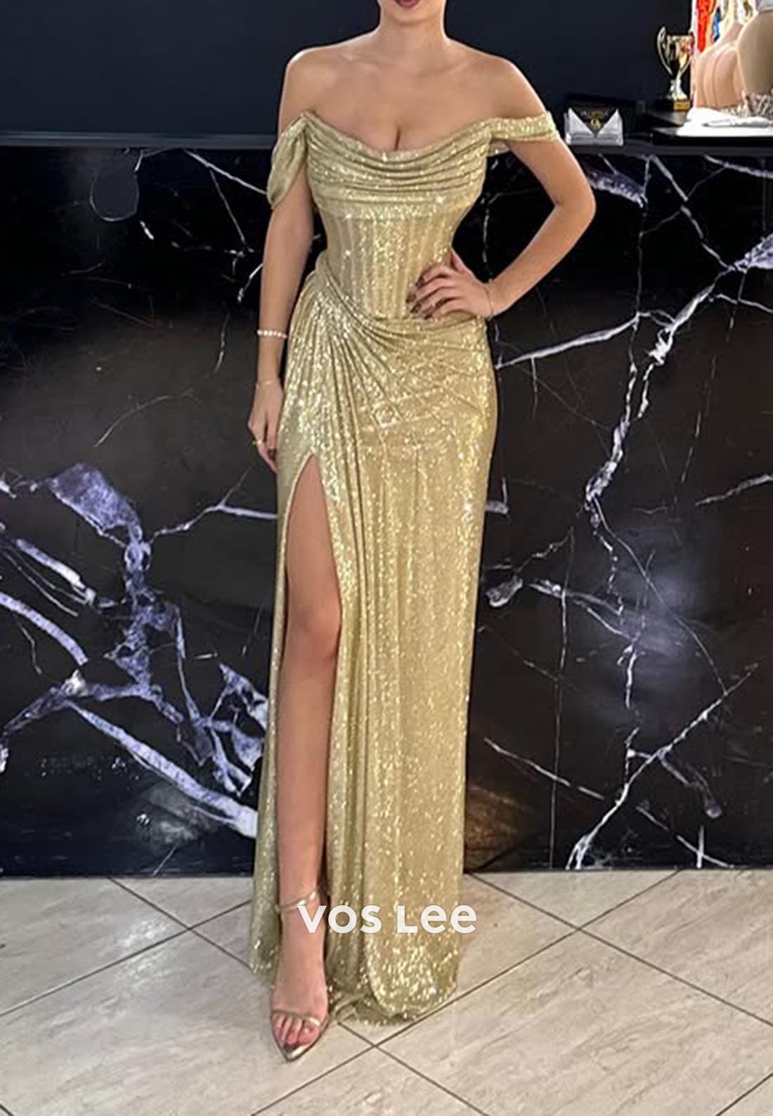 Gold Off-Shoulder Draped Sexy Evening Formal Dresses with High Slit
