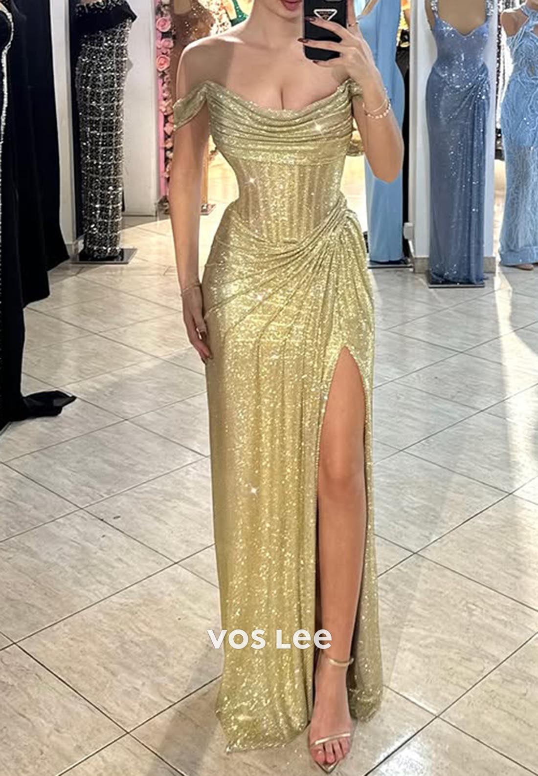 Gold Off-Shoulder Draped Sexy Evening Formal Dresses with High Slit