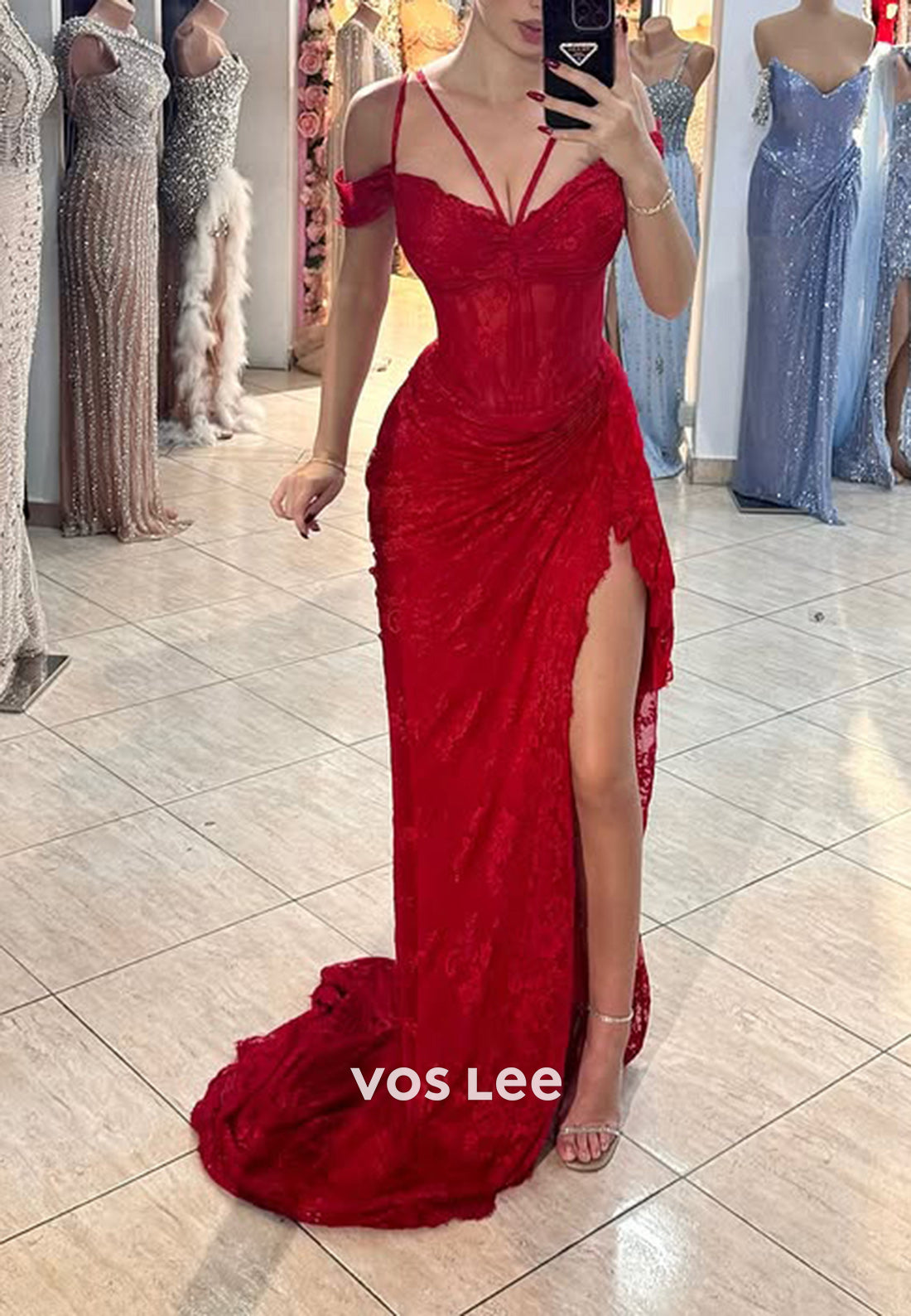 Fitted Red Lace Applique Spaghetti Straps High Slit Evening Prom Dress