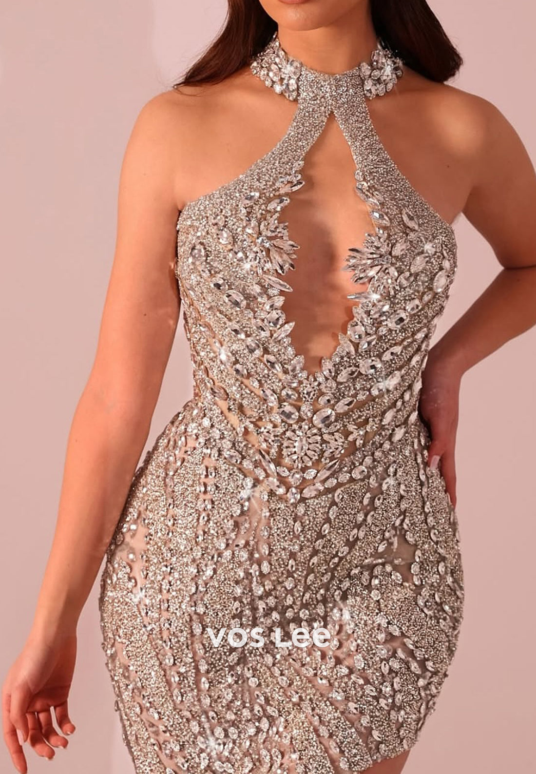 Sexy Fully Rhinestone Halter Floor-Length Mermaid Evening Dresses with Side Split