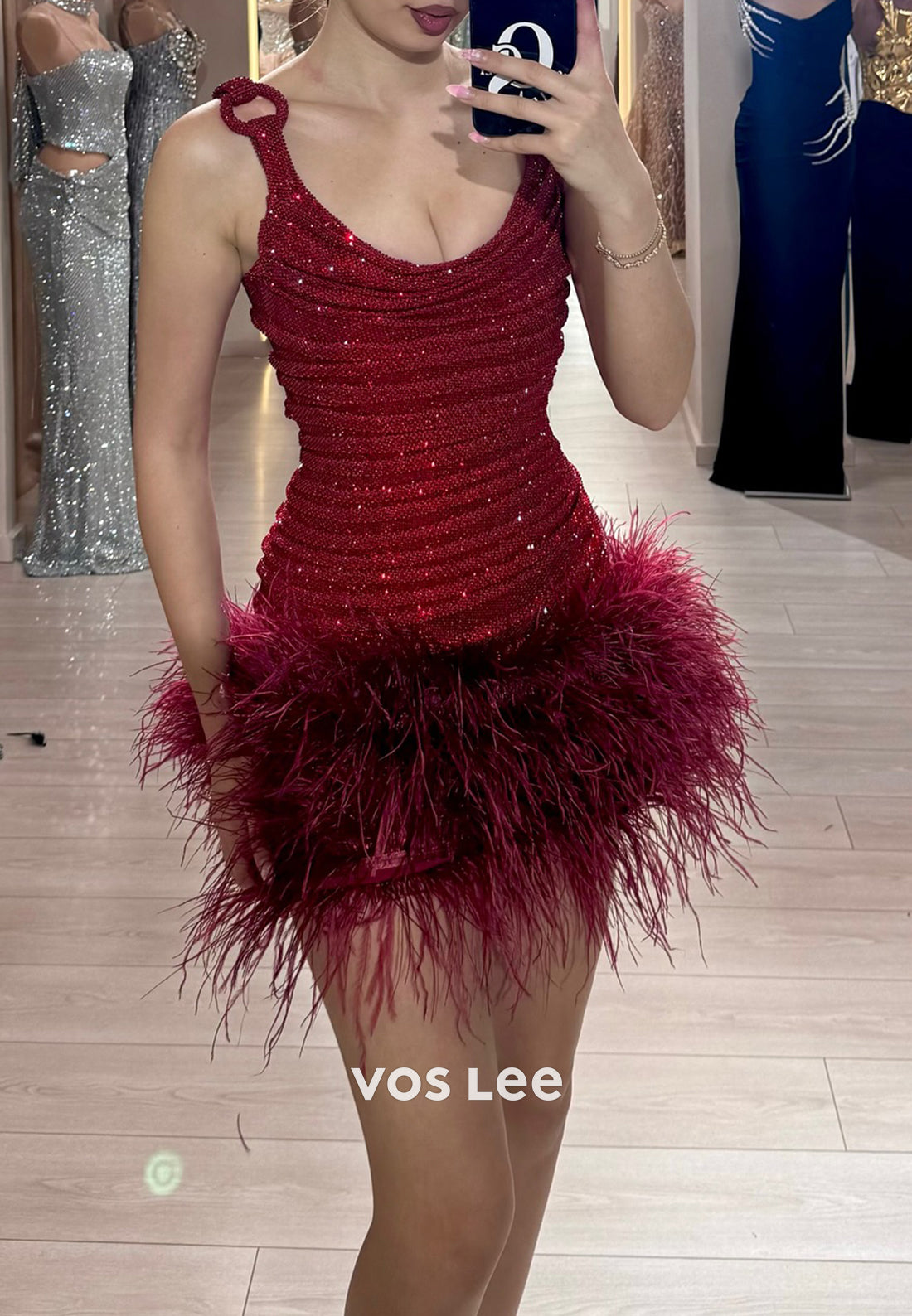 Sparkle & Shine Scoop Feather Pleated Mermaid Homecoming Dresses