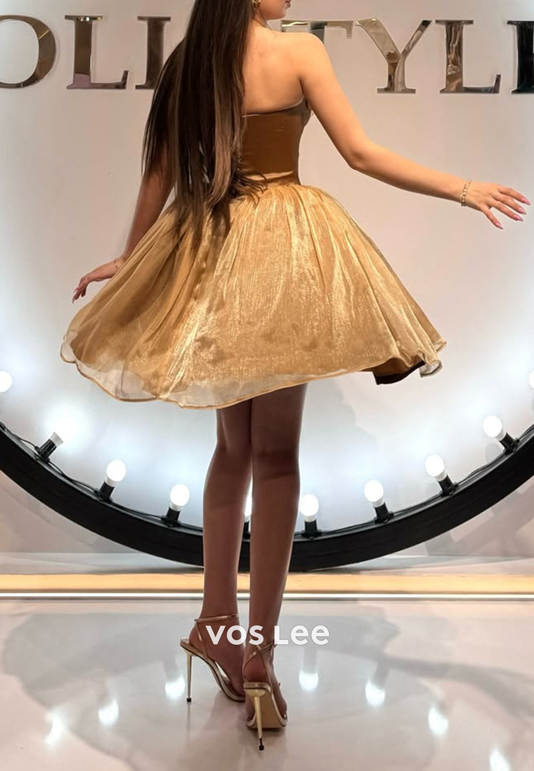 A-Line Gold Strapless Flowers Embellished Pleated Homecoming Dresses