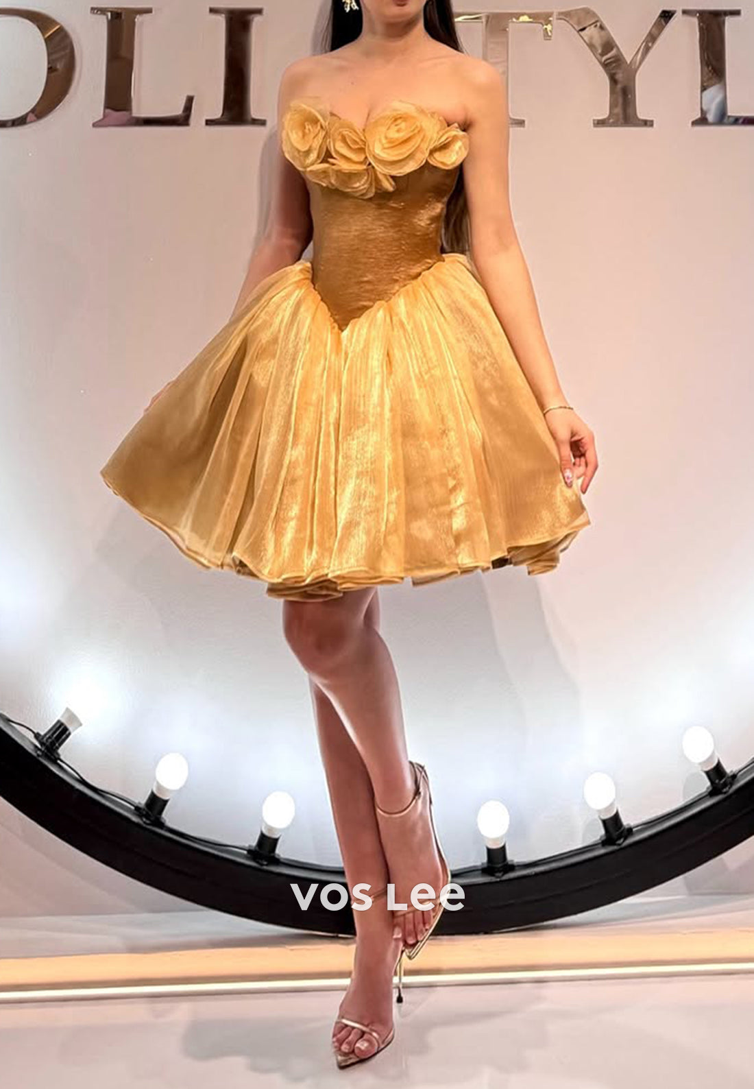 A-Line Gold Strapless Flowers Embellished Pleated Homecoming Dresses