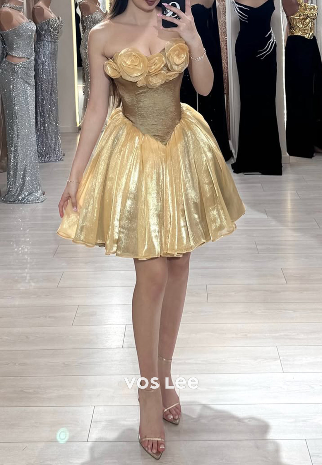 A-Line Gold Strapless Flowers Embellished Pleated Homecoming Dresses