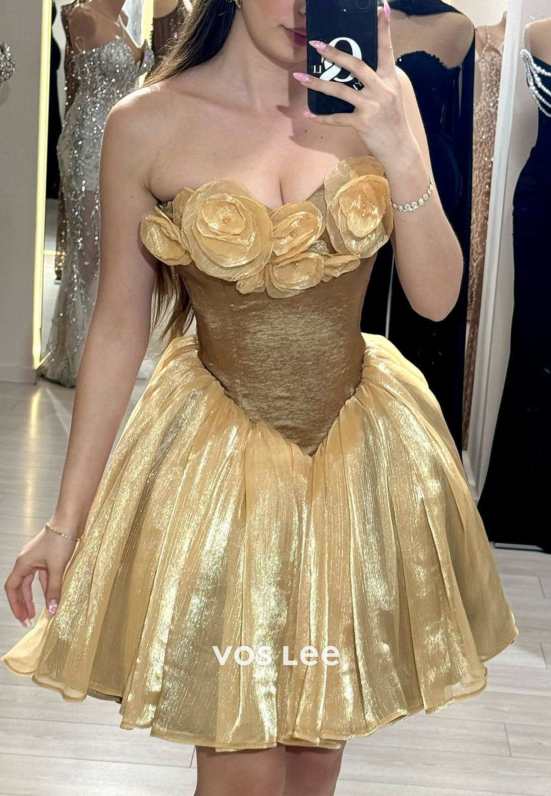 A-Line Gold Strapless Flowers Embellished Pleated Homecoming Dresses