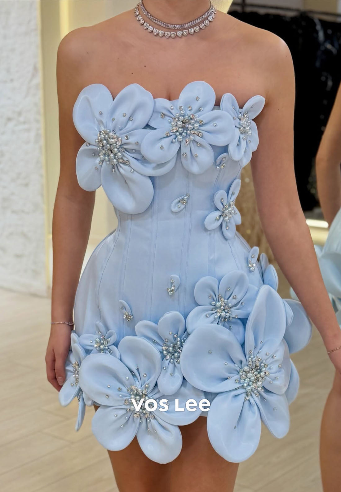 Light Blue 3D Floral Strapless Corset Homecoming Dress, Beaded Mini Formal Gown