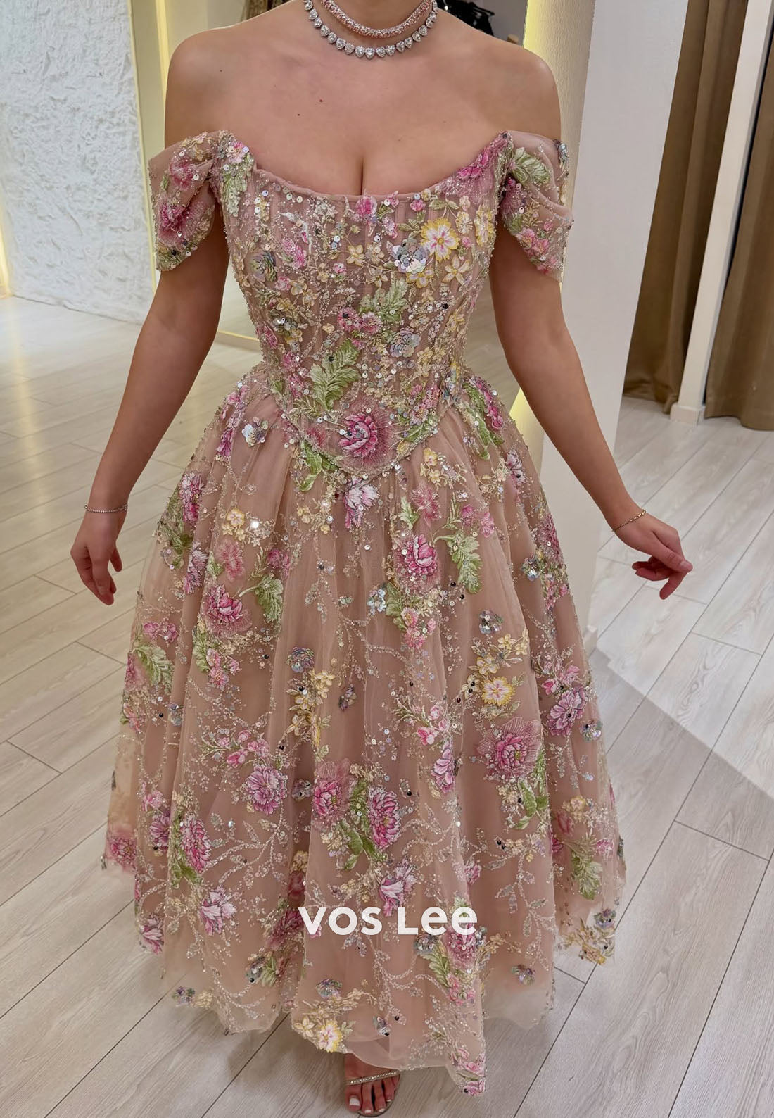 Floral Embroidered Off Shoulder Midi Prom Dress, A-Line Formal Cocktail Gown for Women
