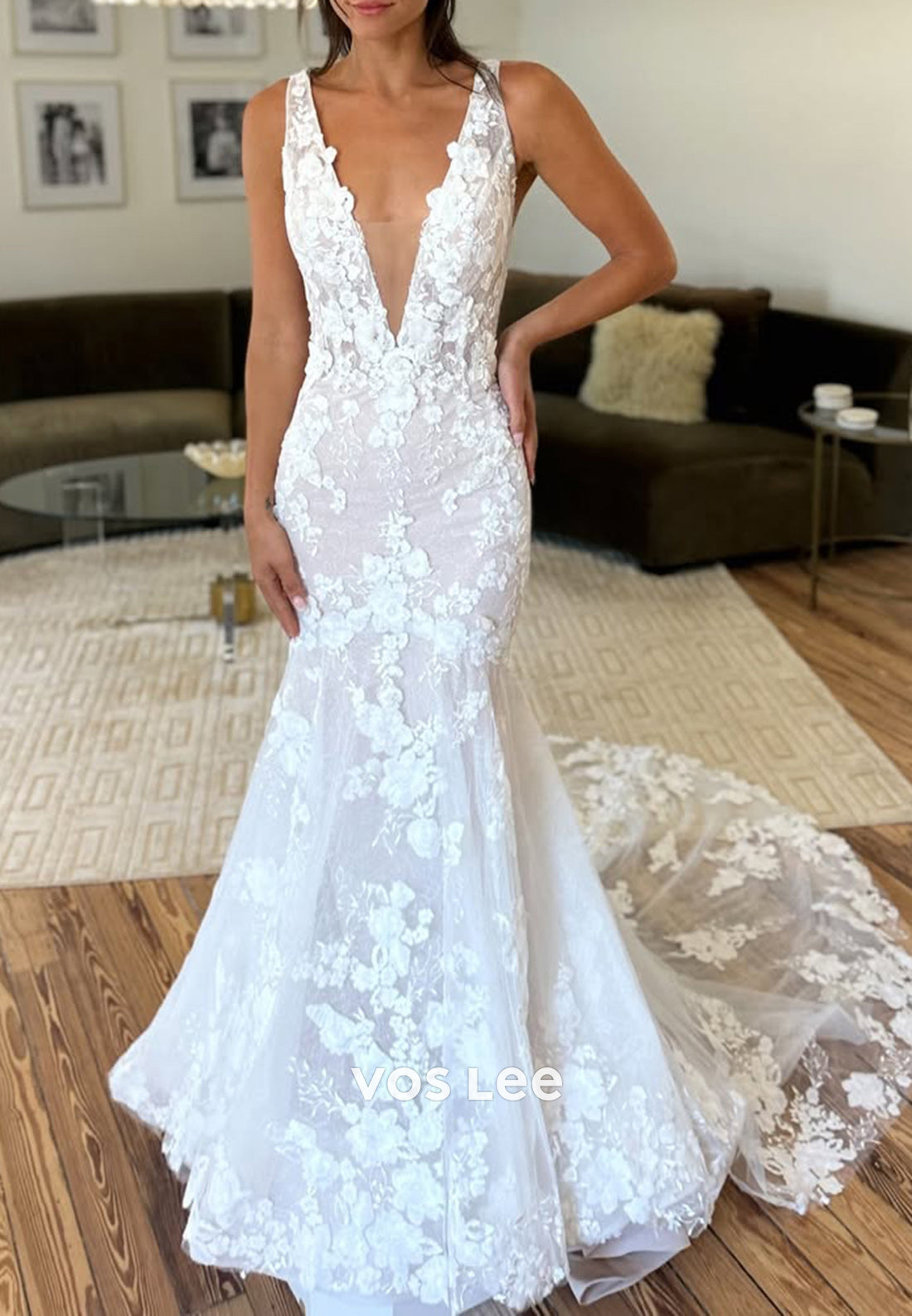 Plunging Illusion V Neck Lace Appliques Mermaid Wedding Dresses with Sweep Train