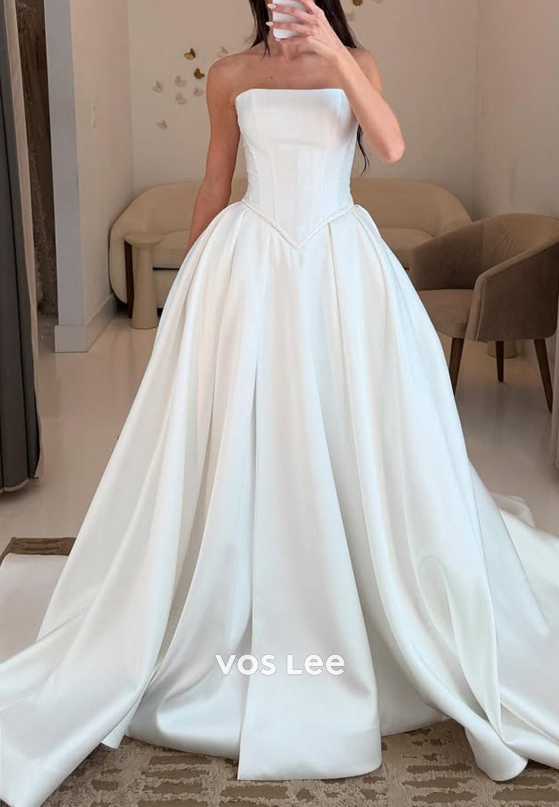 A-Line Tube Top High Split Pleated Wedding Dresses with Chapel Train