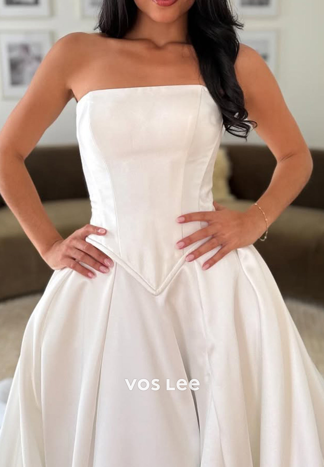 A-Line Tube Top High Split Pleated Wedding Dresses with Chapel Train