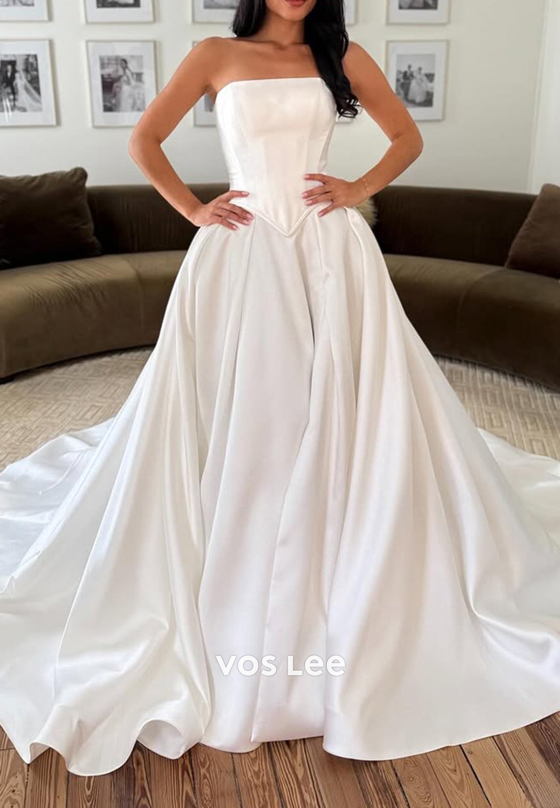 A-Line Tube Top High Split Pleated Wedding Dresses with Chapel Train
