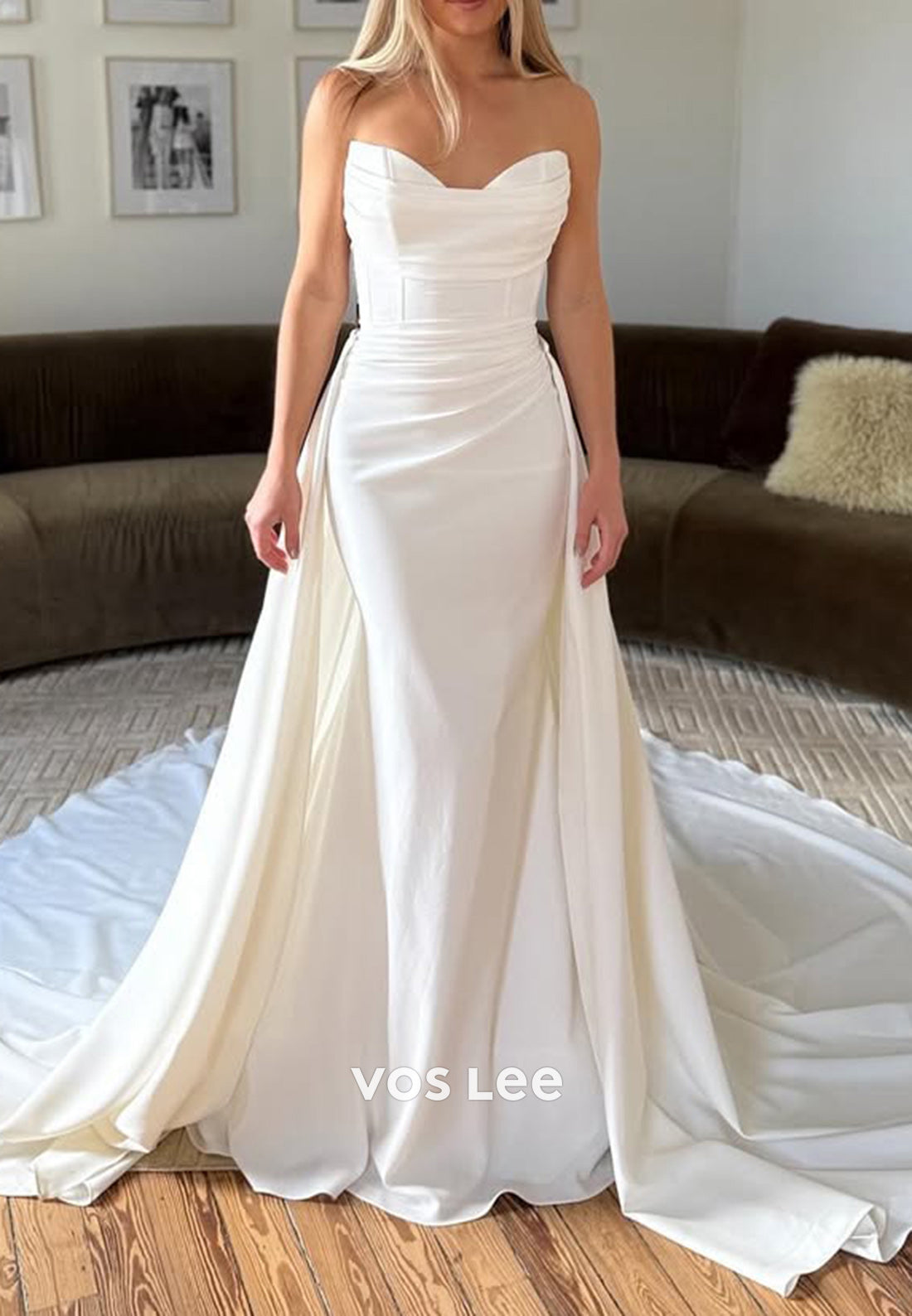 Sweetheart Strapless Pleated Mermaid Wedding Dresses with Detachable Court Train