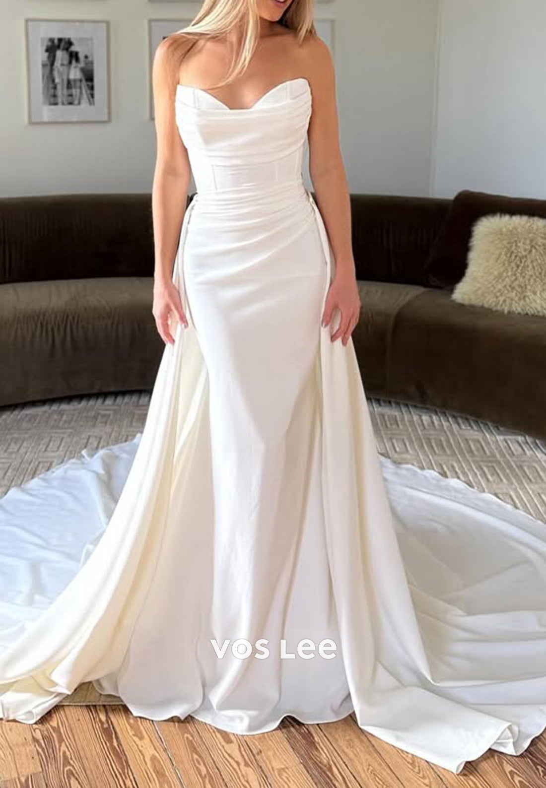Sweetheart Strapless Pleated Mermaid Wedding Dresses with Detachable Court Train
