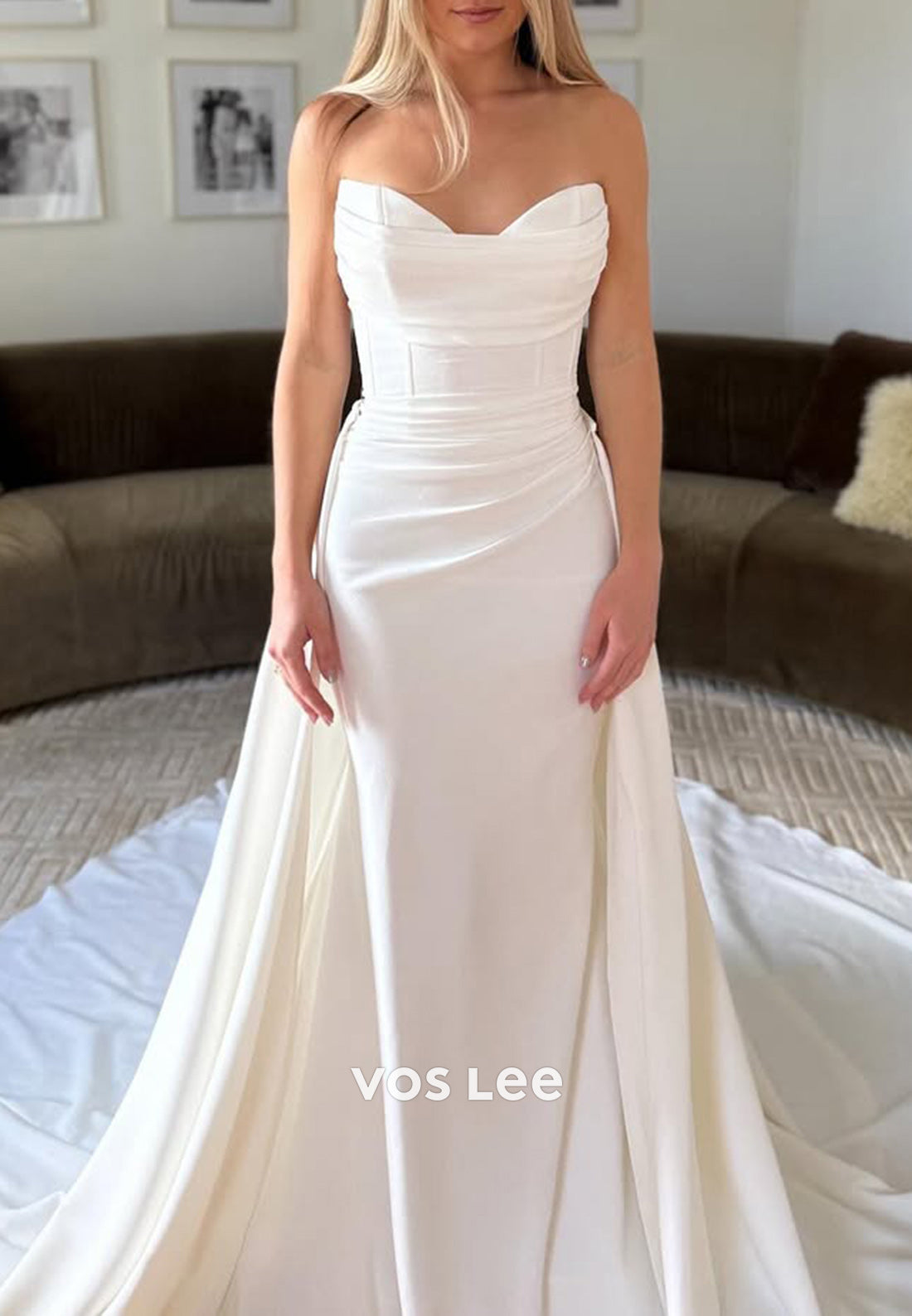 Sweetheart Strapless Pleated Mermaid Wedding Dresses with Detachable Court Train
