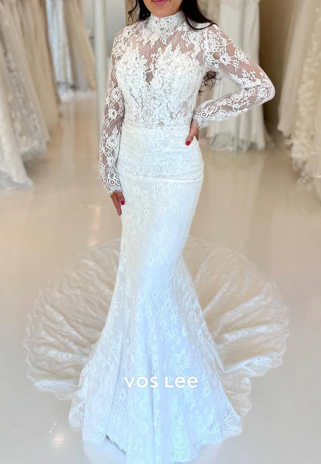 Illusion Neck Long Sleeve Appliques Lace Mermaid Wedding Dresses with Sweep Train