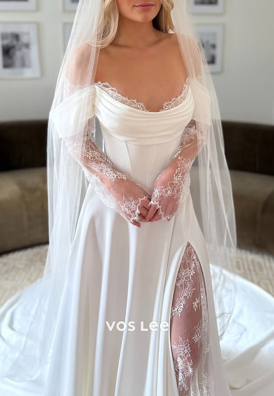 Long Sleeve Lace Off the Shoulder Ruched Sheath Wedding Dresses with Side Split