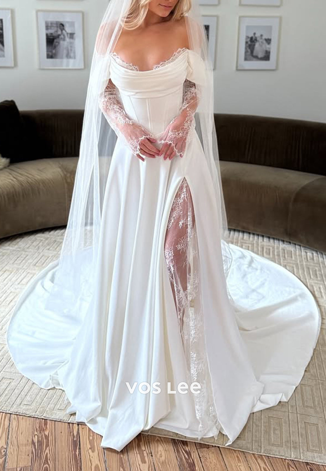 Long Sleeve Lace Off the Shoulder Ruched Sheath Wedding Dresses with Side Split