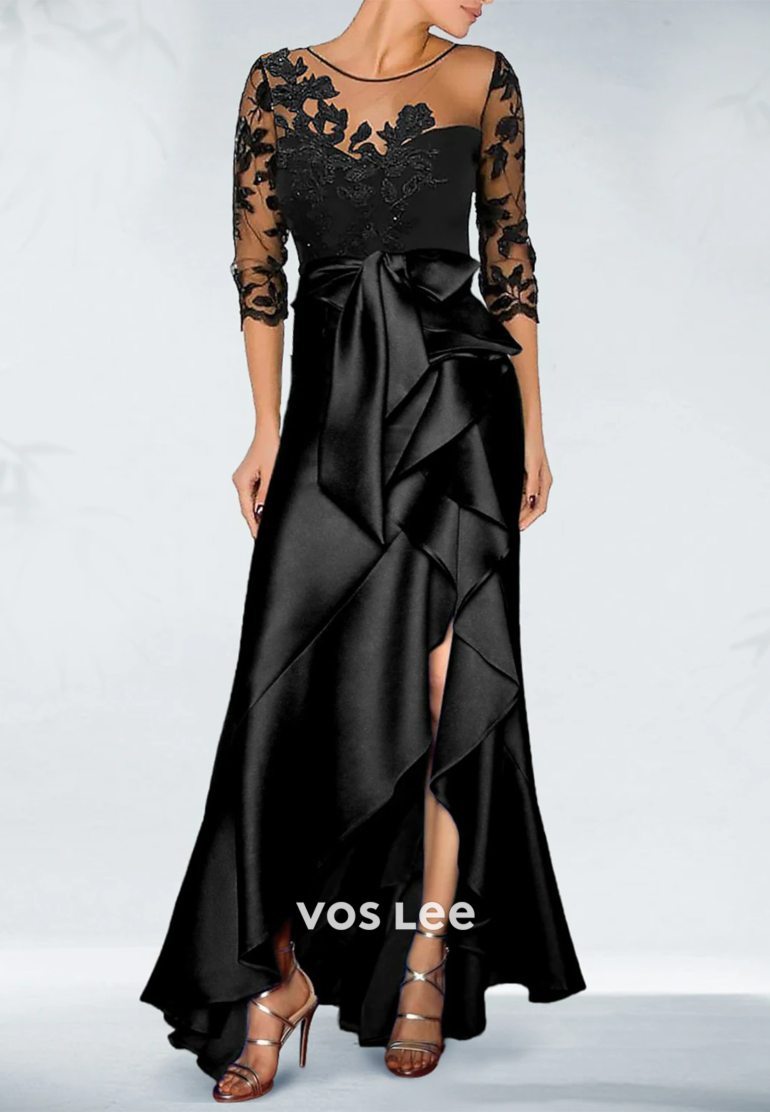 A-Line Asymmetrical Pleated Lace Floral Embellished Evening Dress