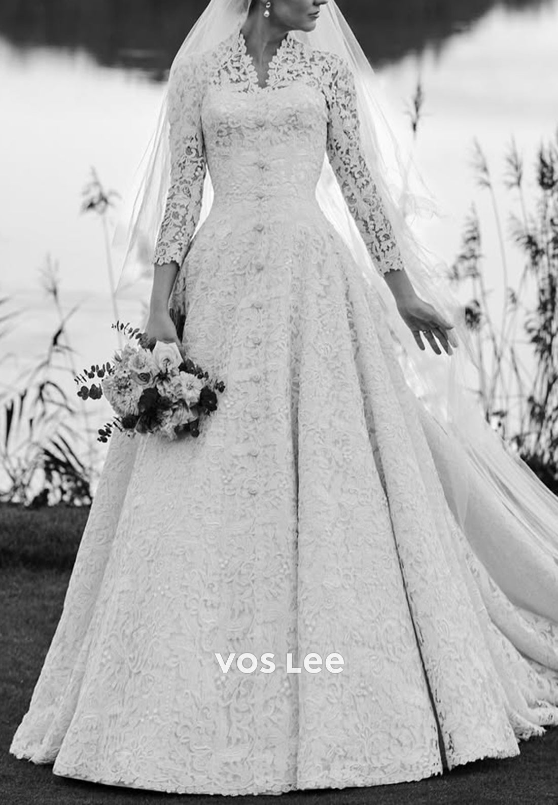 A-Line V Neck 3/4 Sleeve Lace Appliques Wedding Dresses with Chapel Train