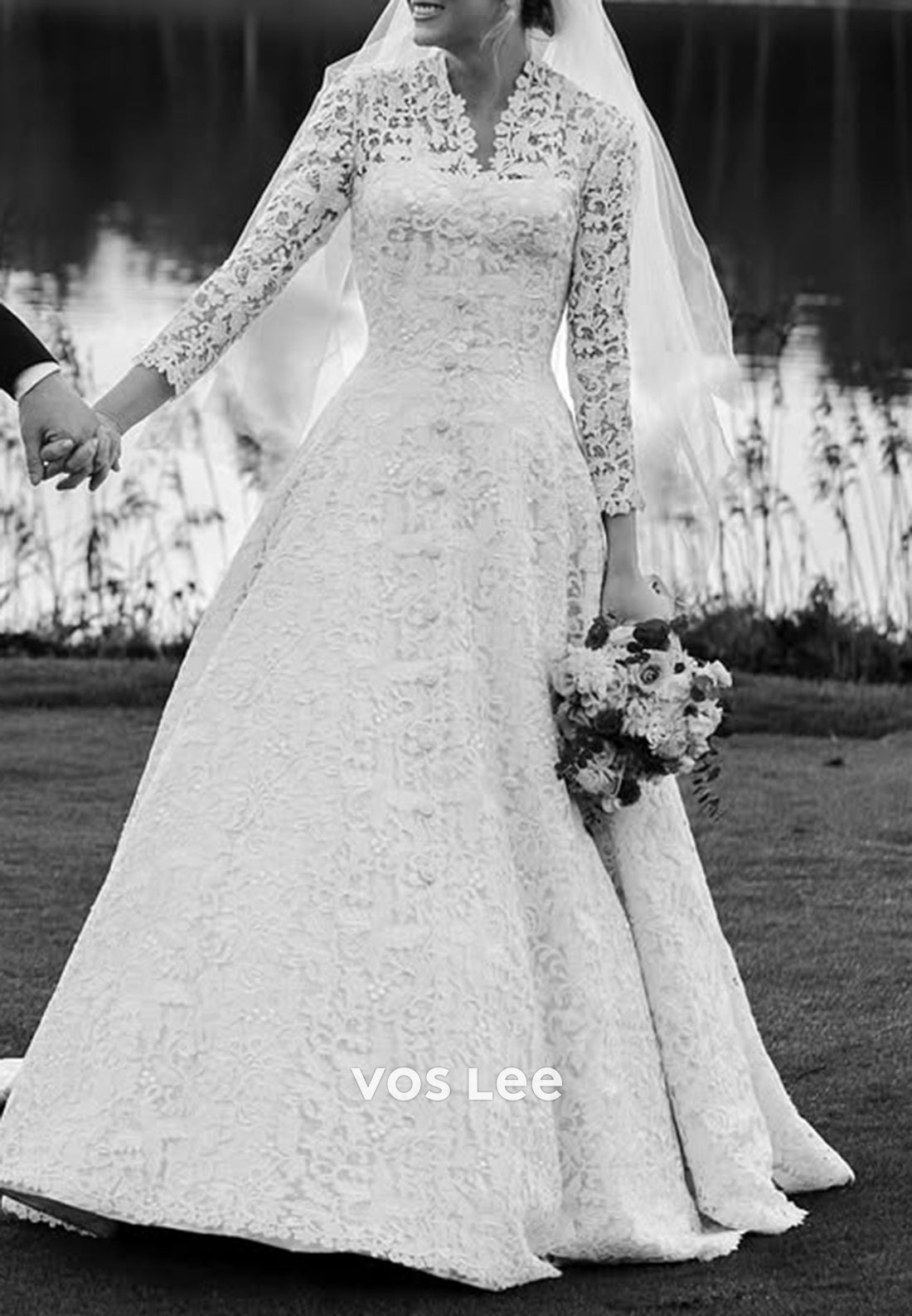 A-Line V Neck 3/4 Sleeve Lace Appliques Wedding Dresses with Chapel Train
