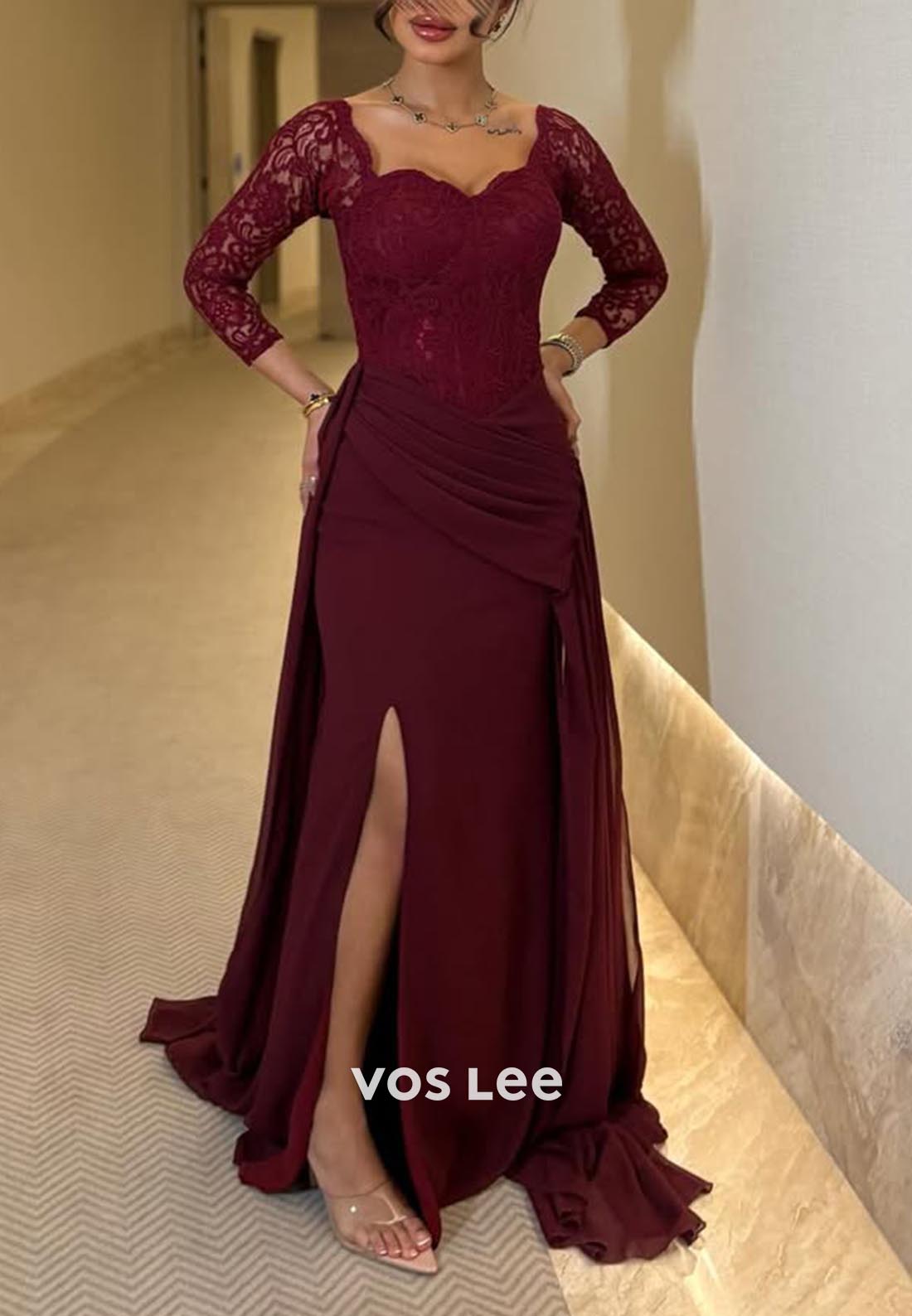 Long Sleeves Lace Ruched Mermaid Evening Formal Dresses with Court Train