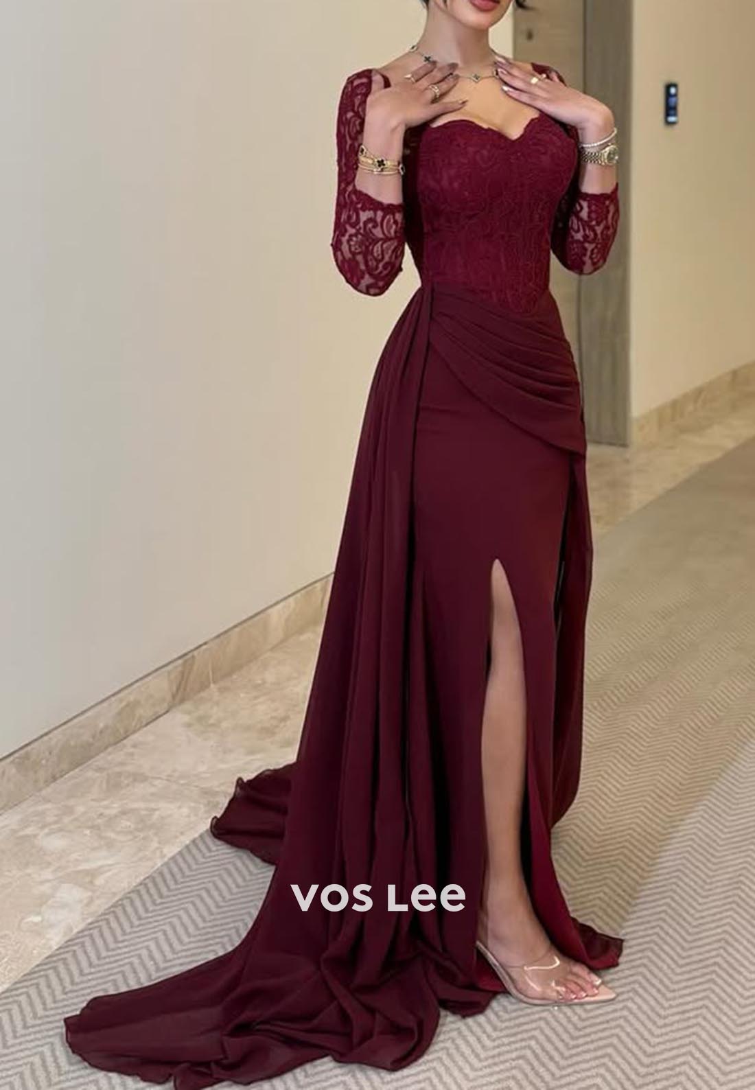 Long Sleeves Lace Ruched Mermaid Evening Formal Dresses with Court Train
