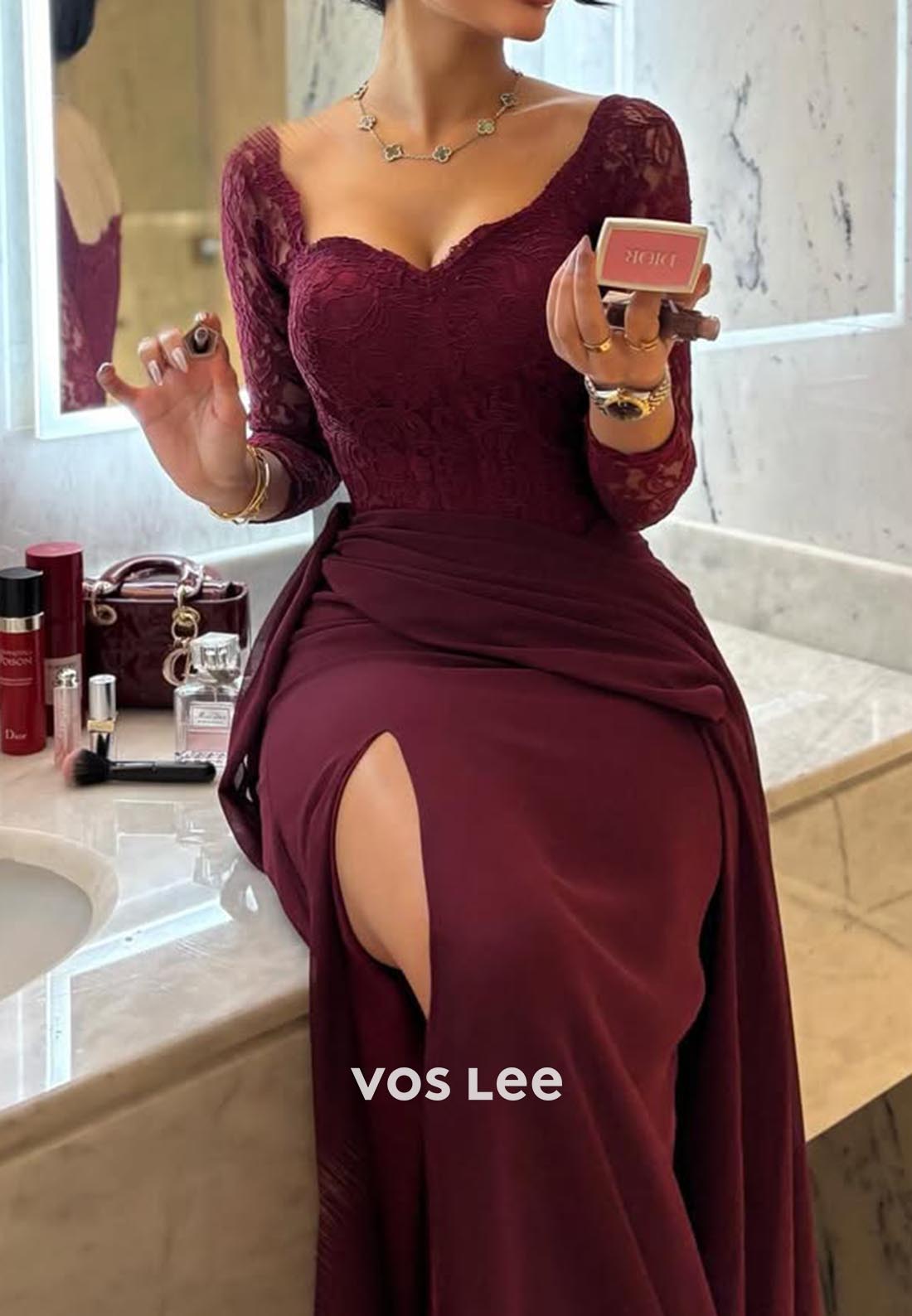 Long Sleeves Lace Ruched Mermaid Evening Formal Dresses with Court Train