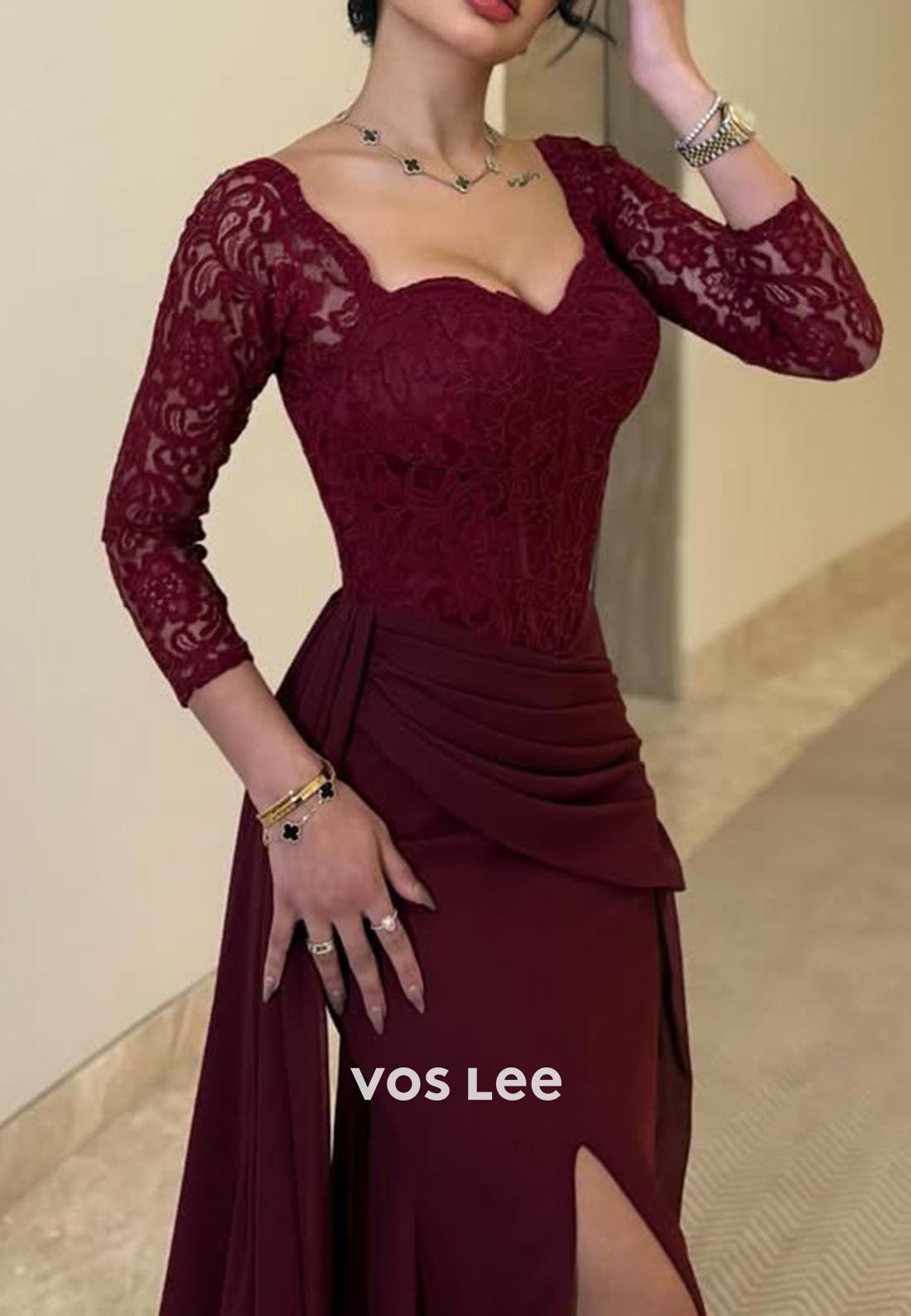 Long Sleeves Lace Ruched Mermaid Evening Formal Dresses with Court Train