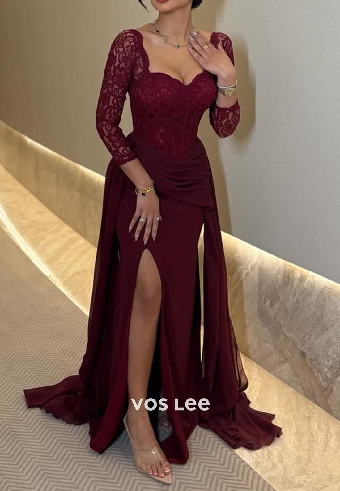 Long Sleeves Lace Ruched Mermaid Evening Formal Dresses with Court Train