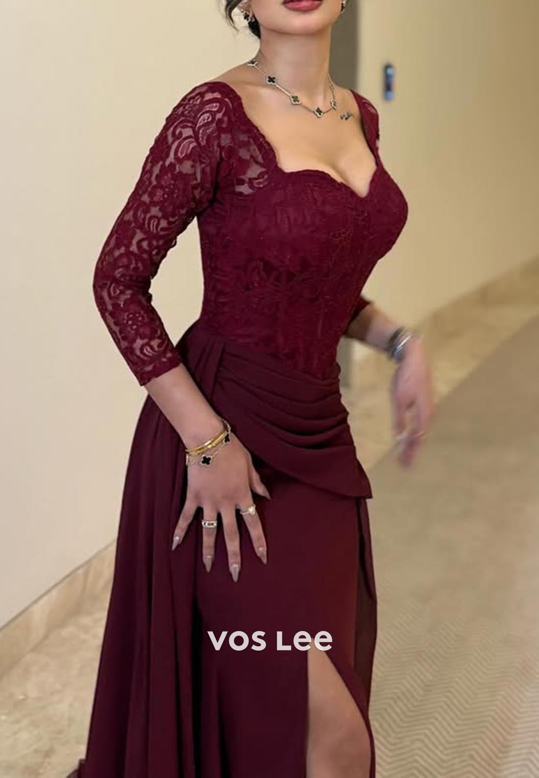Long Sleeves Lace Ruched Mermaid Evening Formal Dresses with Court Train
