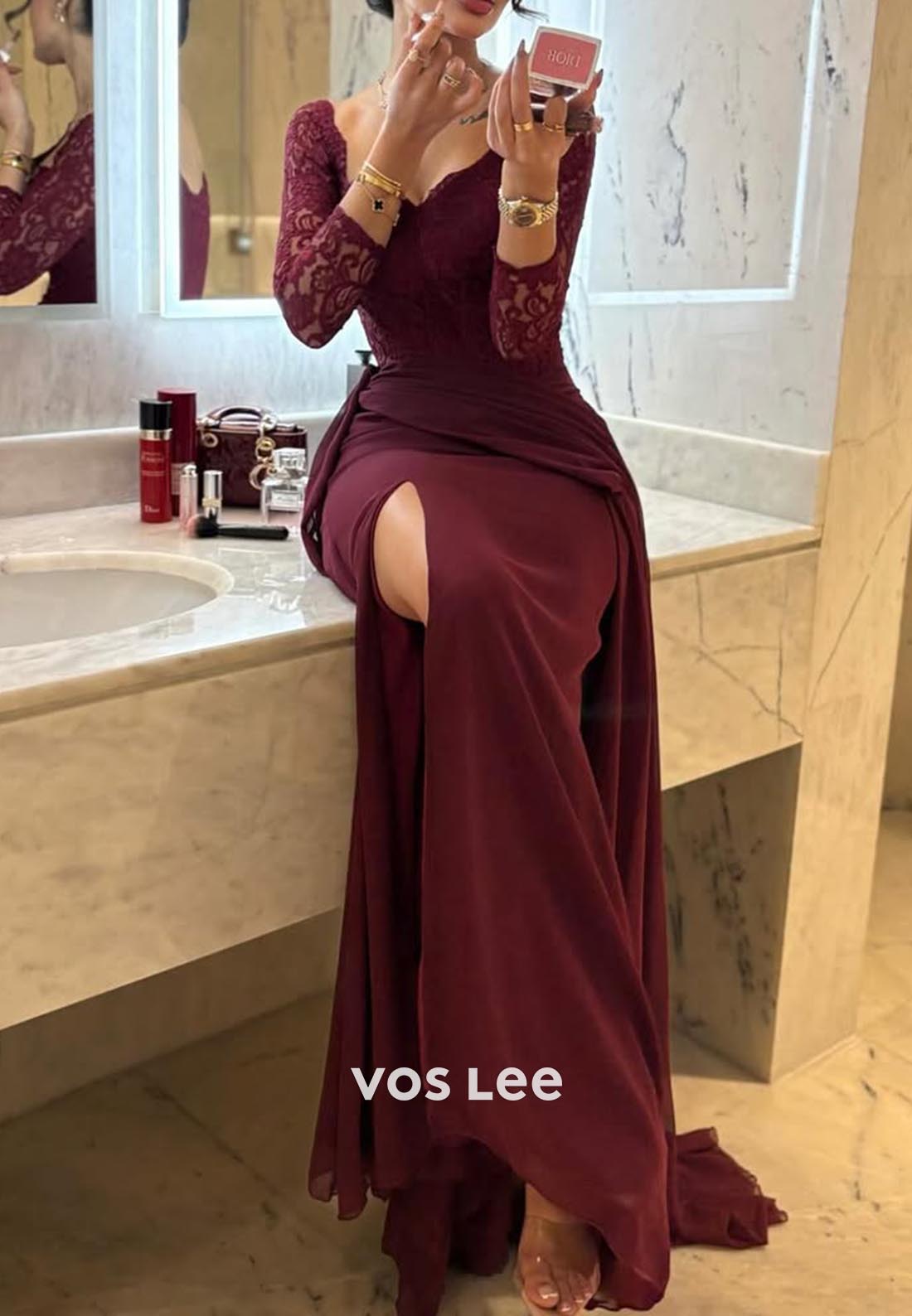 Long Sleeves Lace Ruched Mermaid Evening Formal Dresses with Court Train