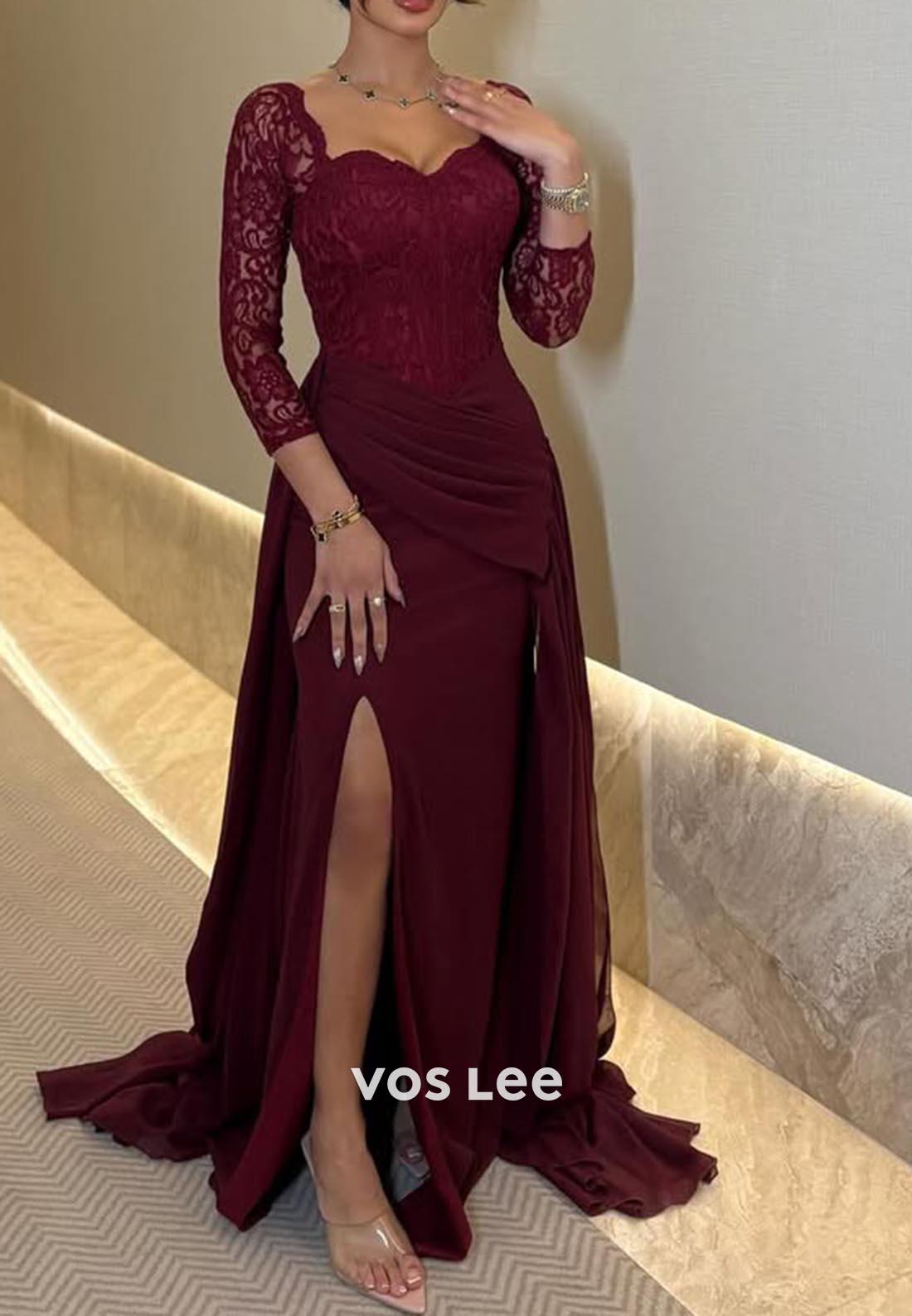 Long Sleeves Lace Ruched Mermaid Evening Formal Dresses with Court Train