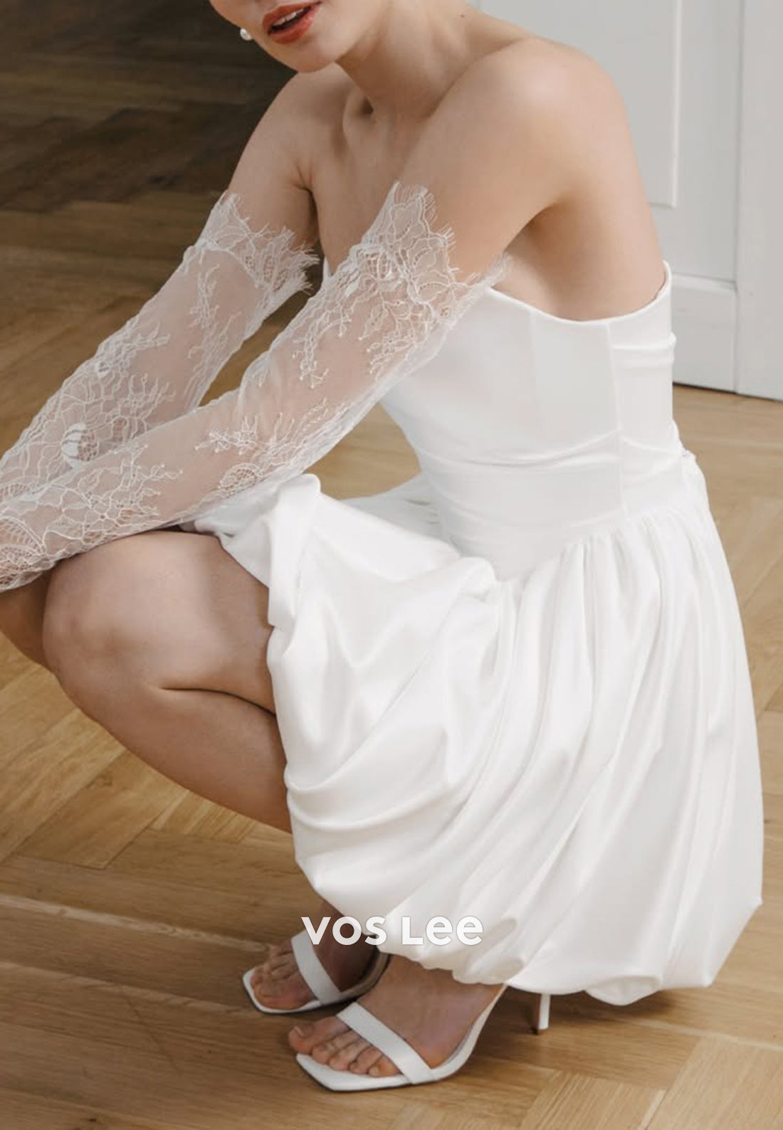 Mini A-Line Off the Shoulder Ruched Satin Simple Wedding Dresses