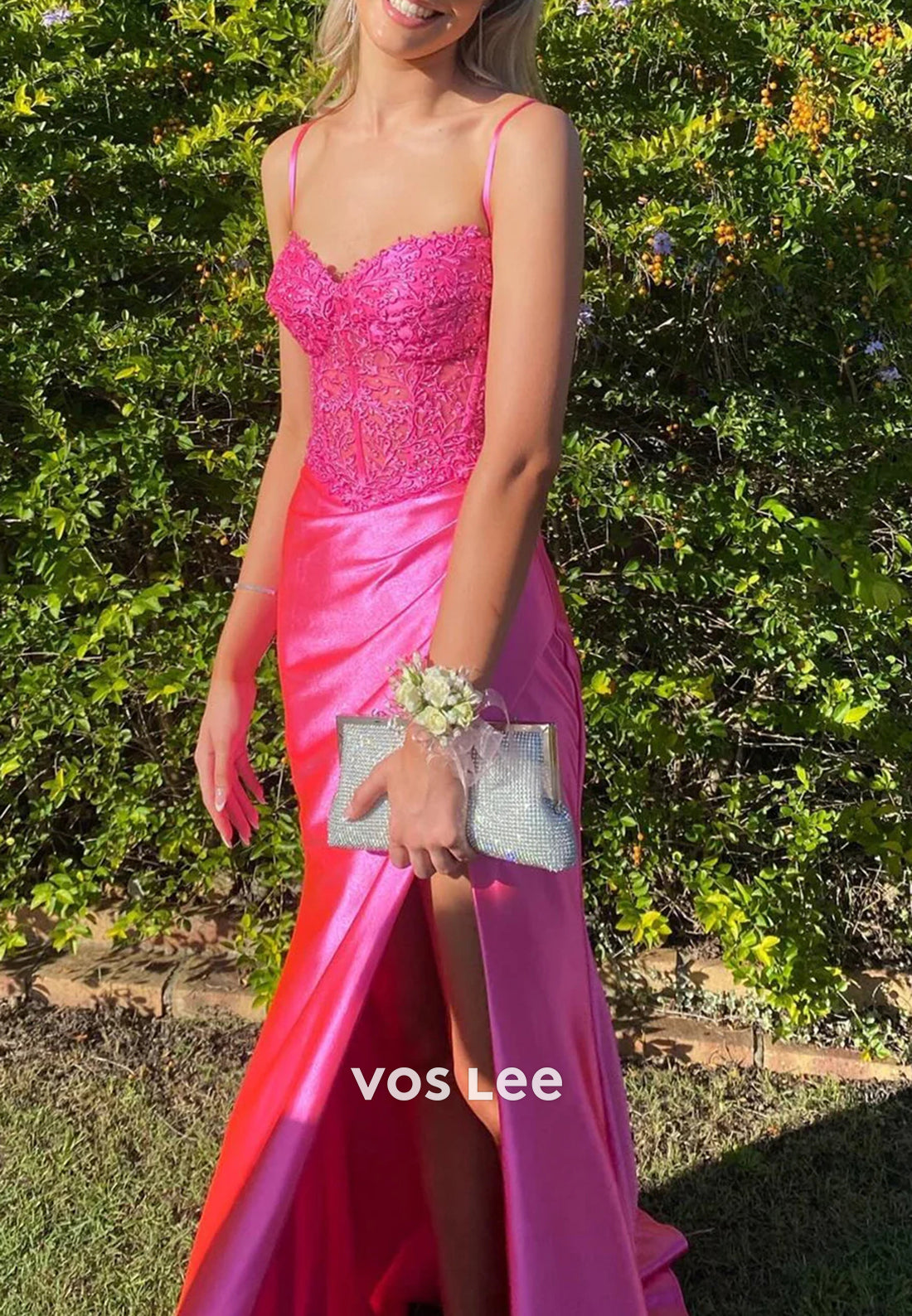 Sexy Spaghetti Straps Sweetheart Appliques Lace Mermaid Prom Dresses with Side Split