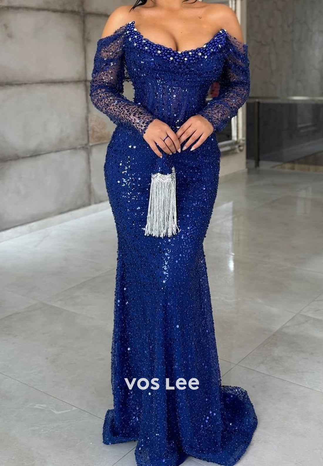 Navy Blue Beaded Sequined Long Sleeves with Train Formal Evening Prom Dress