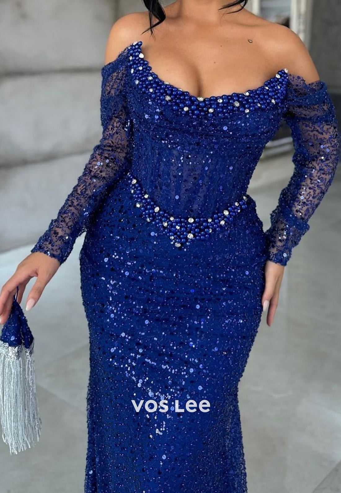 Navy Blue Beaded Sequined Long Sleeves with Train Formal Evening Prom Dress